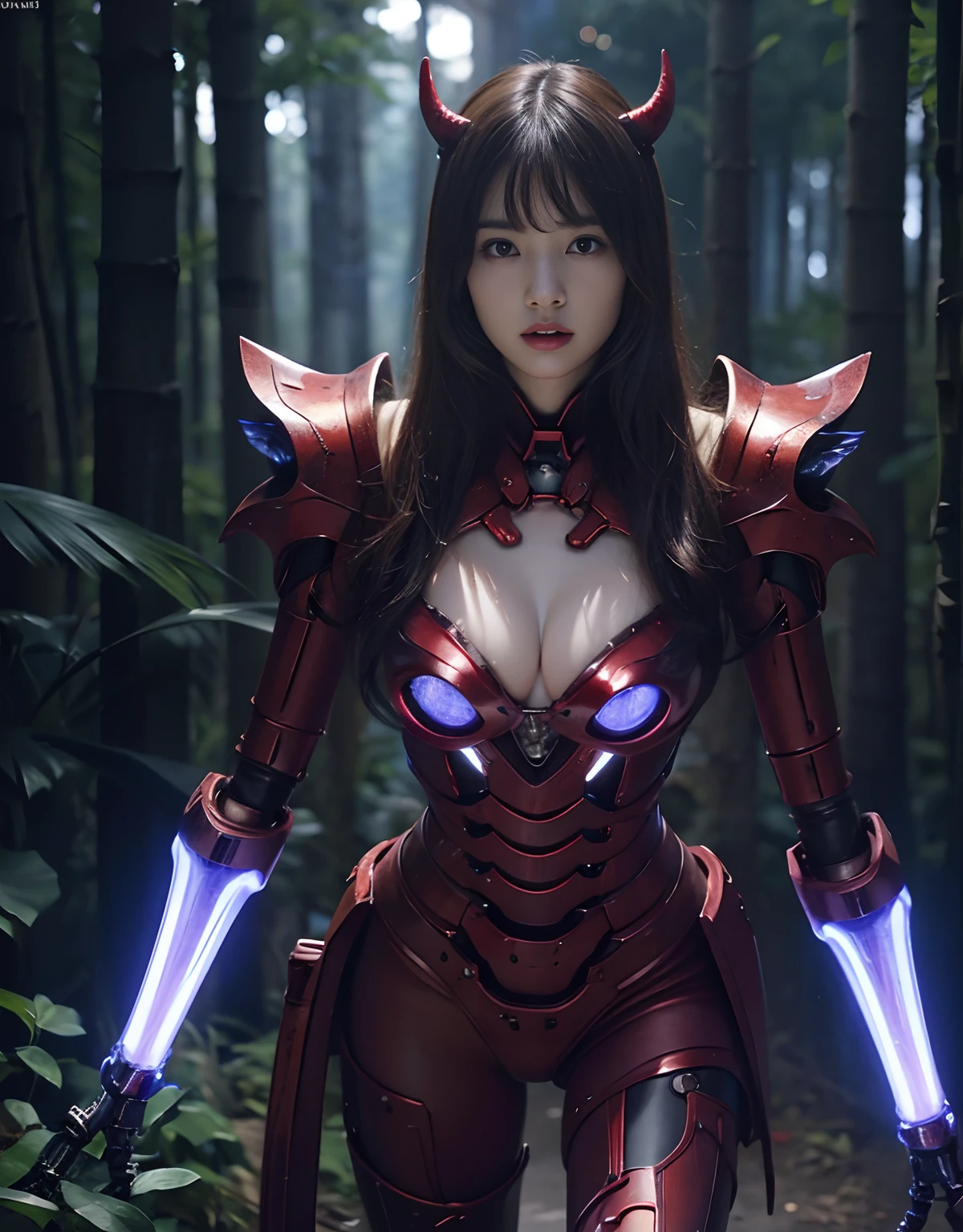 (1 Mechanical Girl)、top-quality、​masterpiece、超A high resolution、(Photorealsitic:1.4)、Raw photo、1人、Fight mutants、glowy skin、(((1 Mechanical Girl)))、With a beautiful knife、（Blue Metal Bodysuit）、（Fight fiercely against aliens）、Fight fiercely、(beautiful forest background)、(Fighting Demonic Beasts)、(Small LED)、((super realistic details))、portlate、(Strong giant demon beast background),globalillumination、Shadow、octan render、8K、ultrasharp、Colossal tits、Raw skin is exposed in cleavage、metals、Details of complex ornaments、Japan details、highly intricate detail、Realistic light、(Mystical expression),CGSoation Trends、Red Eyes、radiant eyes、Facing the camera、neon details、(Mechanical limbs)、(blood vessels connected to tubes)、Mechanical vertebrae attached to the back、mechanical cervical attaching to neck、(Wires and cables connecting to the head)、Gundam、Small LED、,Mechanical thighs、Toostock、（Hands are also made of machines）、（Attack of the Monster Beasts）、（Wounded in a deadly battle）、