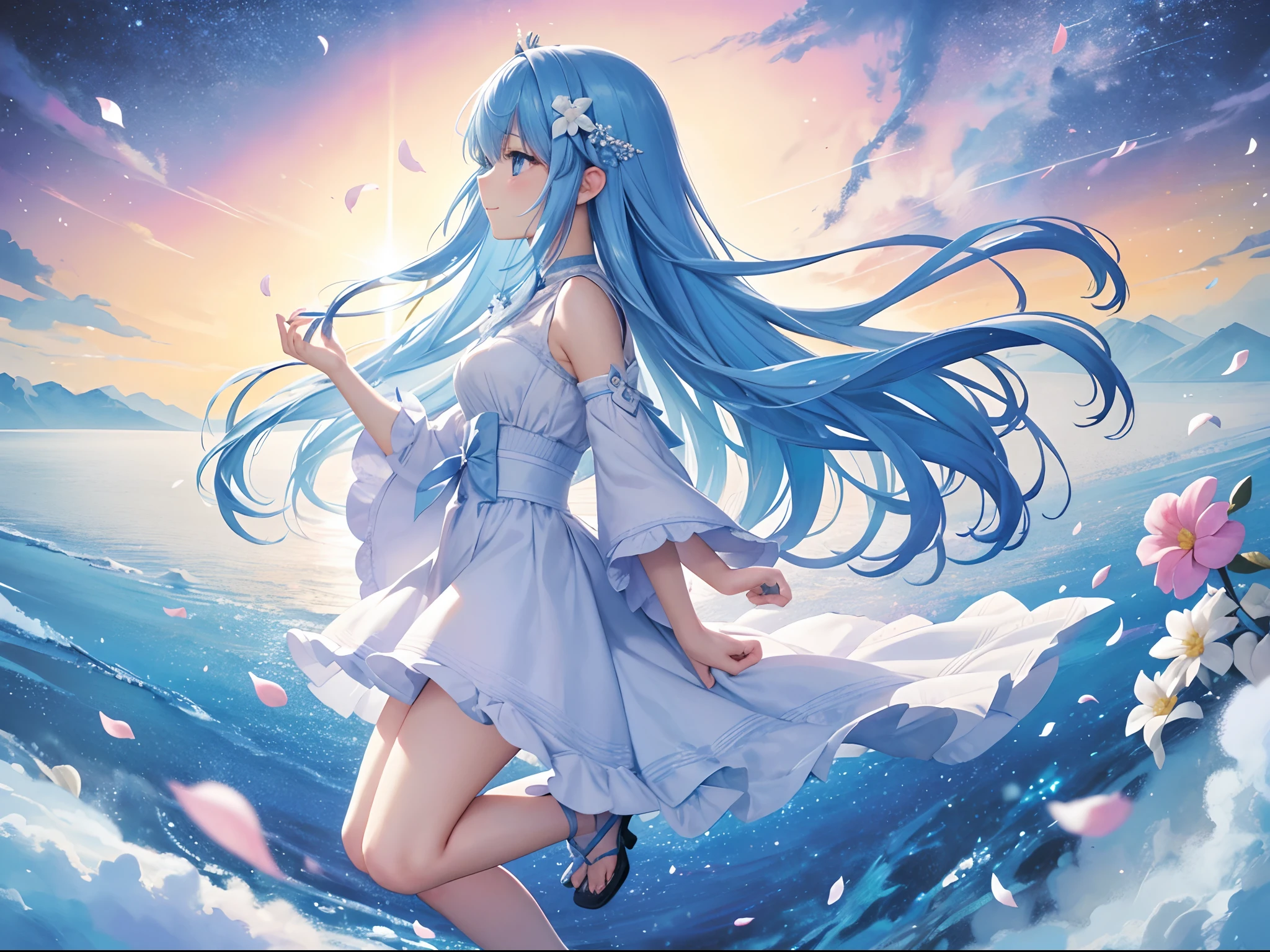 (hight resolution、ultra-detailliert、nffsw、movie)、独奏、1girl in、Happiness、girl standing in a flower field、Girl around the petals、A charming smile、full body Esbian、Long-haired girl with blue hair、lightblue hair、facing front、Fantasia、Official art、pop-art、profile、hyperdetailed face、ultradetailed eyes、Ultra Detailed Fields、White blue sky、 shuicolor、blanche、Nebulae in the sky、watercolor paiting、PastelColors