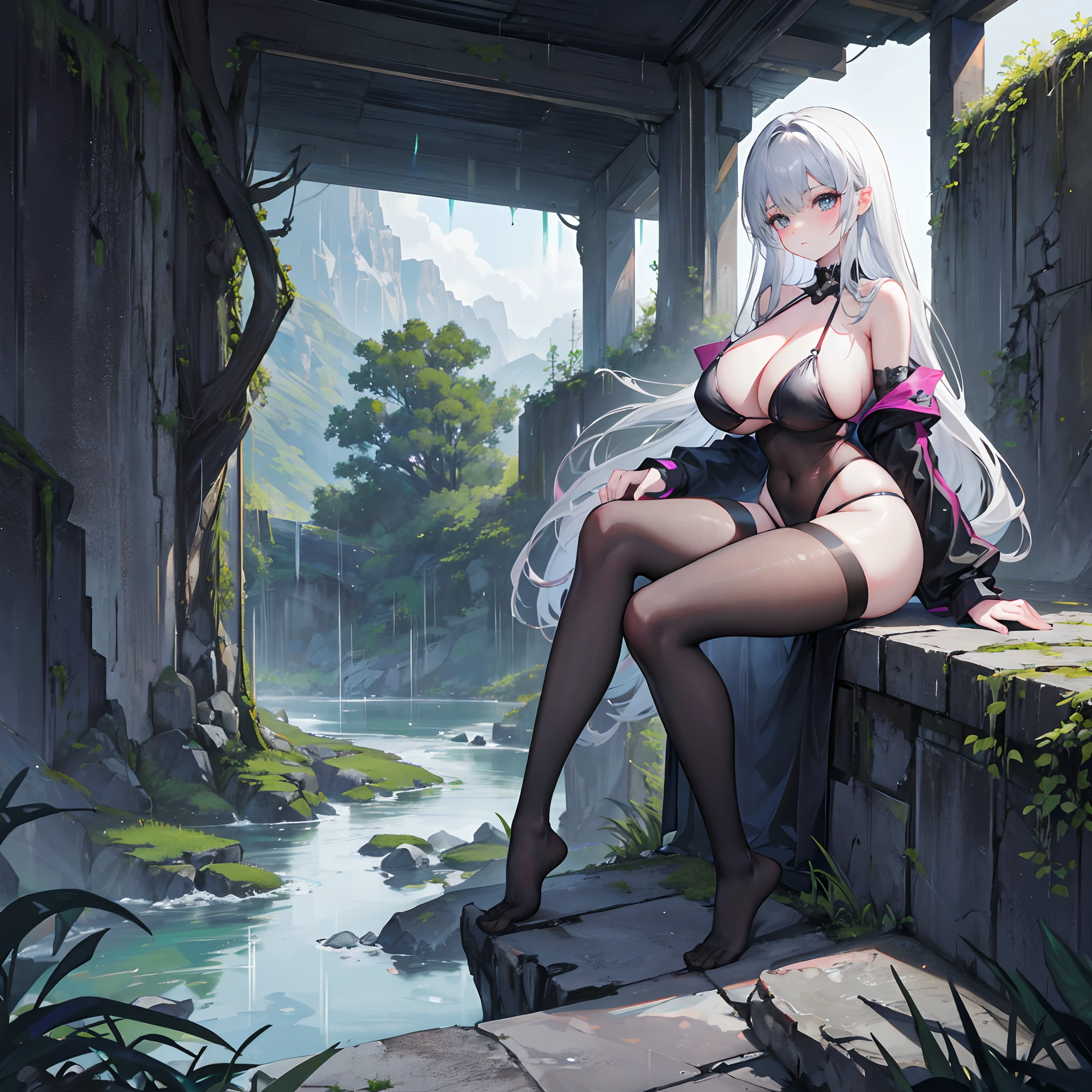 Stone corridor outside the cliff,Vista of an artificial lake,Heavy rainy days,heavy rain,black pantyhoses,long hair,gigantic cleavage breasts,sit on chair,Full body like,Slingshot bikini,No shoes,Corridor edge,Gaze at the view outside