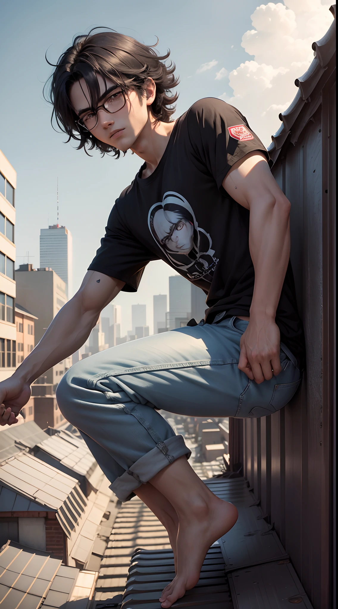 1 man 19 years old, black hair, black mid length hair, shaggy hair style, shoulder-length hair, bespectacled, hair over one eye, purple eyes, wearing black t-shirt, wearing long jeans, bare feet, from the side, horizontal viewing angle, hold the laptop tightly with both hands, falling, both legs contract, grounding, prepare to land, eyes looking down, slightly bent down, slightly at the back, grind teeth, clenched teeth, bared teeth, falling, jumping, he jumped in the air, he is floating in the air, jump, dramatic action photography, full body, full character, the roof is made of corrugated iron, rooftop, above the alley, power poles, window on the far side, late afternoon, are on the 2nd floor, sky, dynamic low angle shooting, extremely detailed, best graphics, 8k, ultrasharp, masterpiece