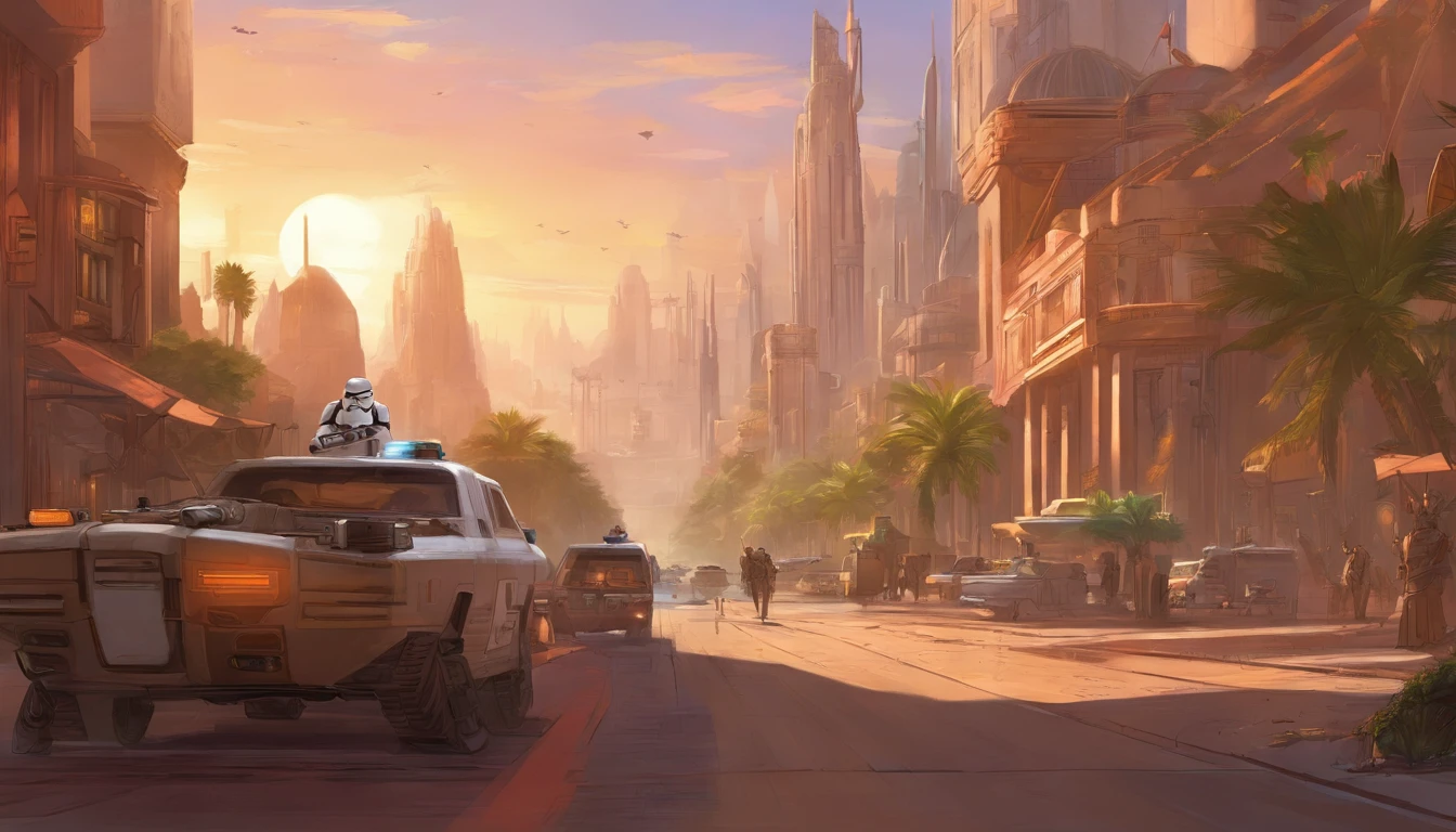 First-person view, Imperial Stormtrooper, walking on a busy street, transmitter in hand, city, planet Tatooine, concept art by Magali Villeneuve, Popular at CG Society, Still from Star Wars: The Old Republic, concept art by Ralph McQuarrie