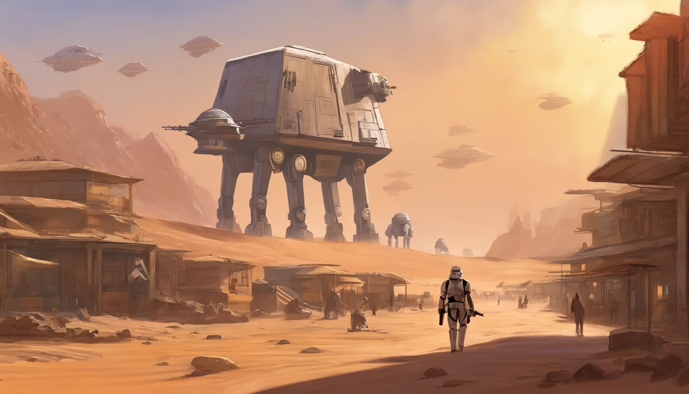 First-person view, Imperial Stormtrooper, walking on a busy street, transmitter in hand, city, planet Tatooine, concept art by Magali Villeneuve, Popular at CG Society, Still from Star Wars: The Old Republic, concept art by Ralph McQuarrie