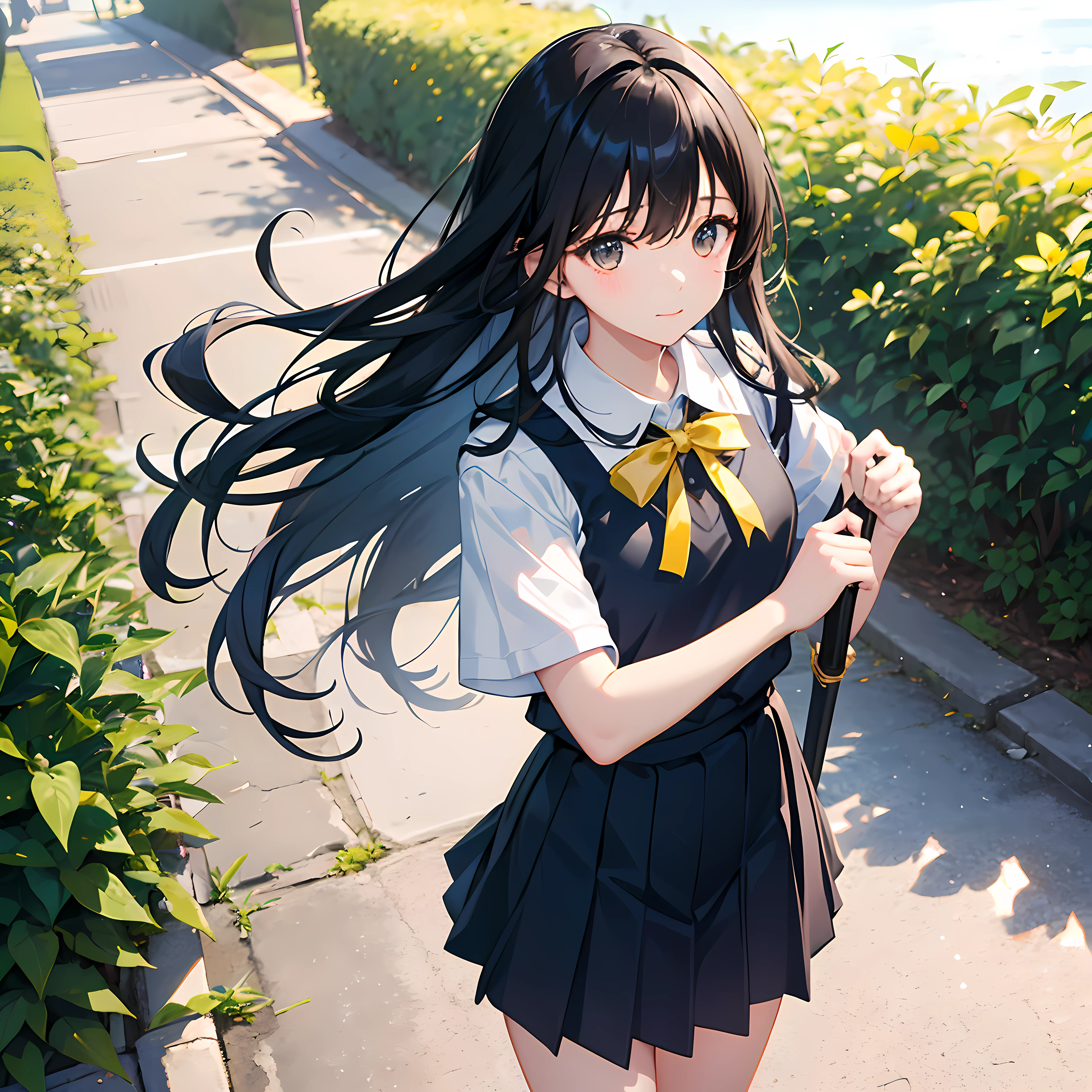 Super delicate and cute girl with black hair、a **************************、**years、8K Ultra High Definition, Delicate texture,　A slight smil、Medium Hair、The shirt、skirt by the、Short sleeve uniform with yellow tie、Walking down the road、Japan holding a sword