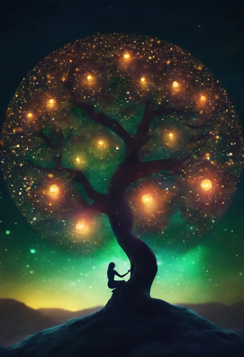 a colorful tree in the dark of night, in the style of luminous spheres, concept art, joel robison, flowing forms, uhd image, colorful watercolors, dark emerald and light amber