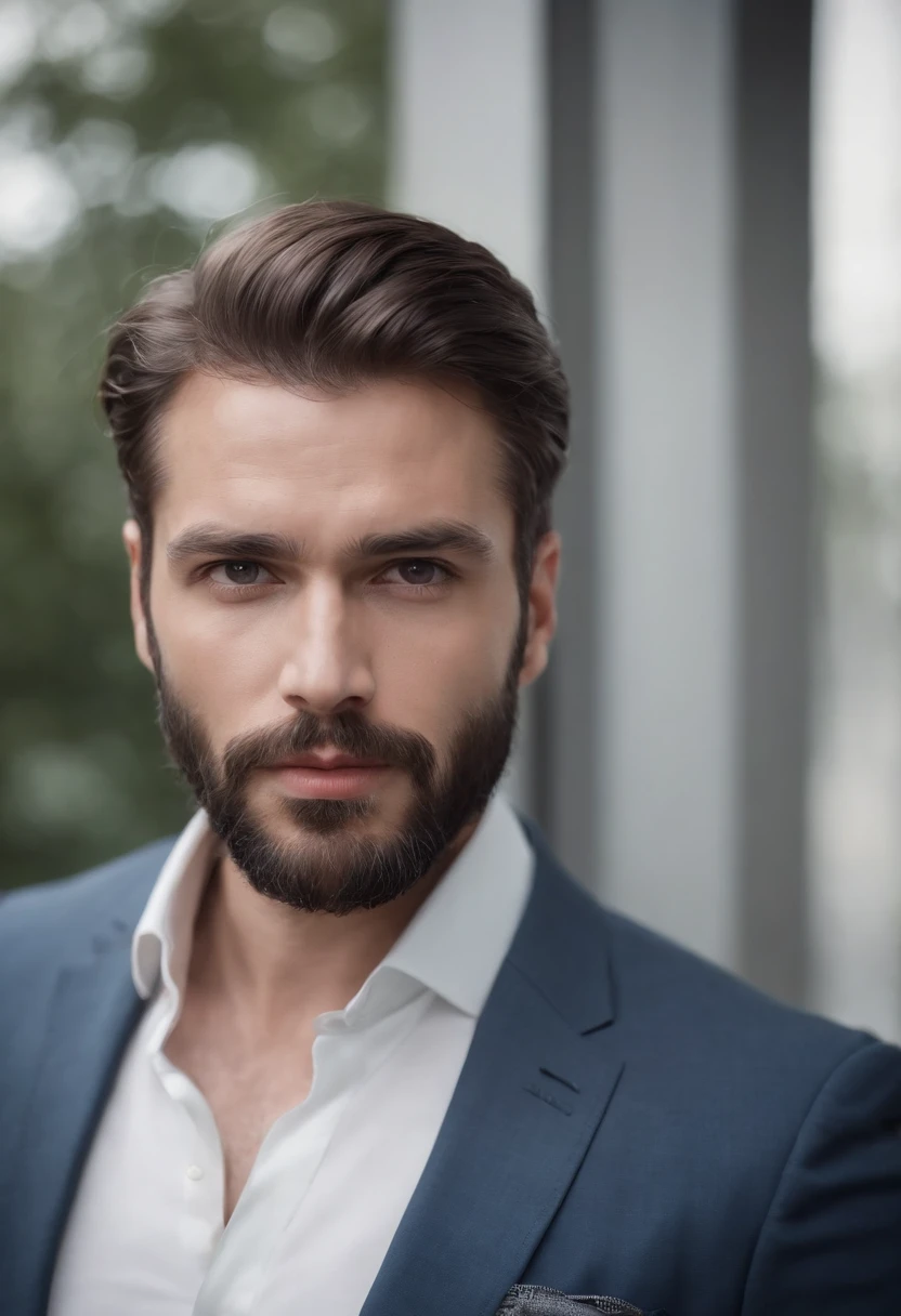 Magnifique homme en costume gris , Belle barbe , Executive Sexy Man, Terno donc, Front camera focus, Mode portrait, perfectly straight in front of the camera