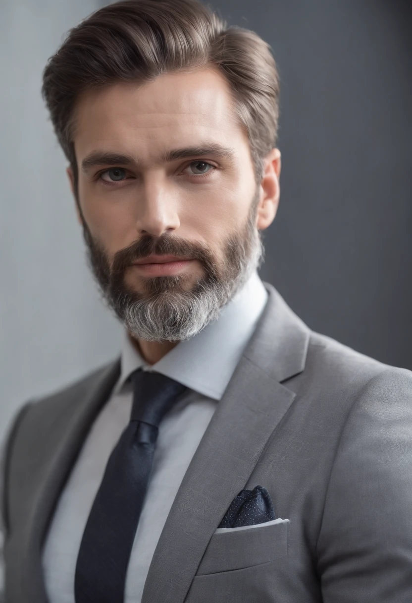 Magnifique homme en costume gris , Belle barbe , Executive Sexy Man, Terno donc, Front camera focus, Mode portrait, perfectly straight in front of the camera