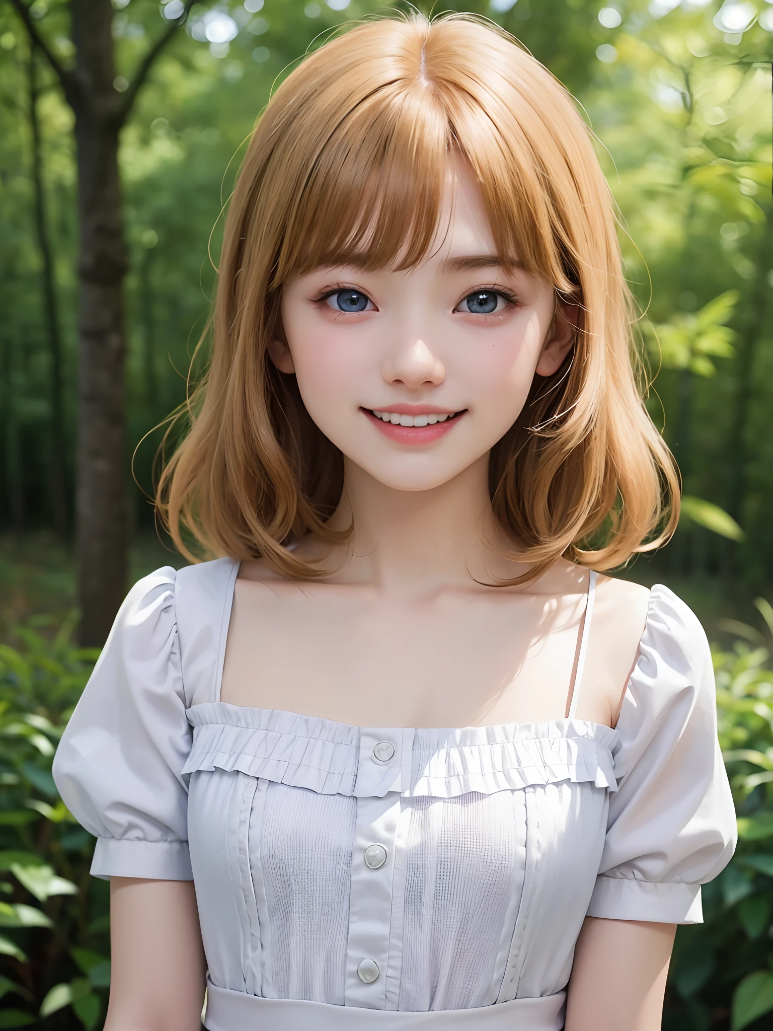 (masuter piece、Best Quality、masutepiece、Cute symmetrical face、Norse man、1 girl、Very young pretty girl、Very young pretty girl、Very small cute girl、Deities々Shii Girl)、Beautiful shiny beautiful blonde hair with bangs、Intense crystal light blue eyes、no earrings、Beautiful white skin、5years old、Very young pretty girl:1.5、Deities々Little pretty girl、Cute white outfit、Very cute girl、happily laughing、Smile happily、The best smile、Beautiful teeth、Beautiful teeth alignment、Beautiful skins、Staring into the distance on the left、Forest with light on beautiful nature background、Deities々Deep forest background、cowboy  shot