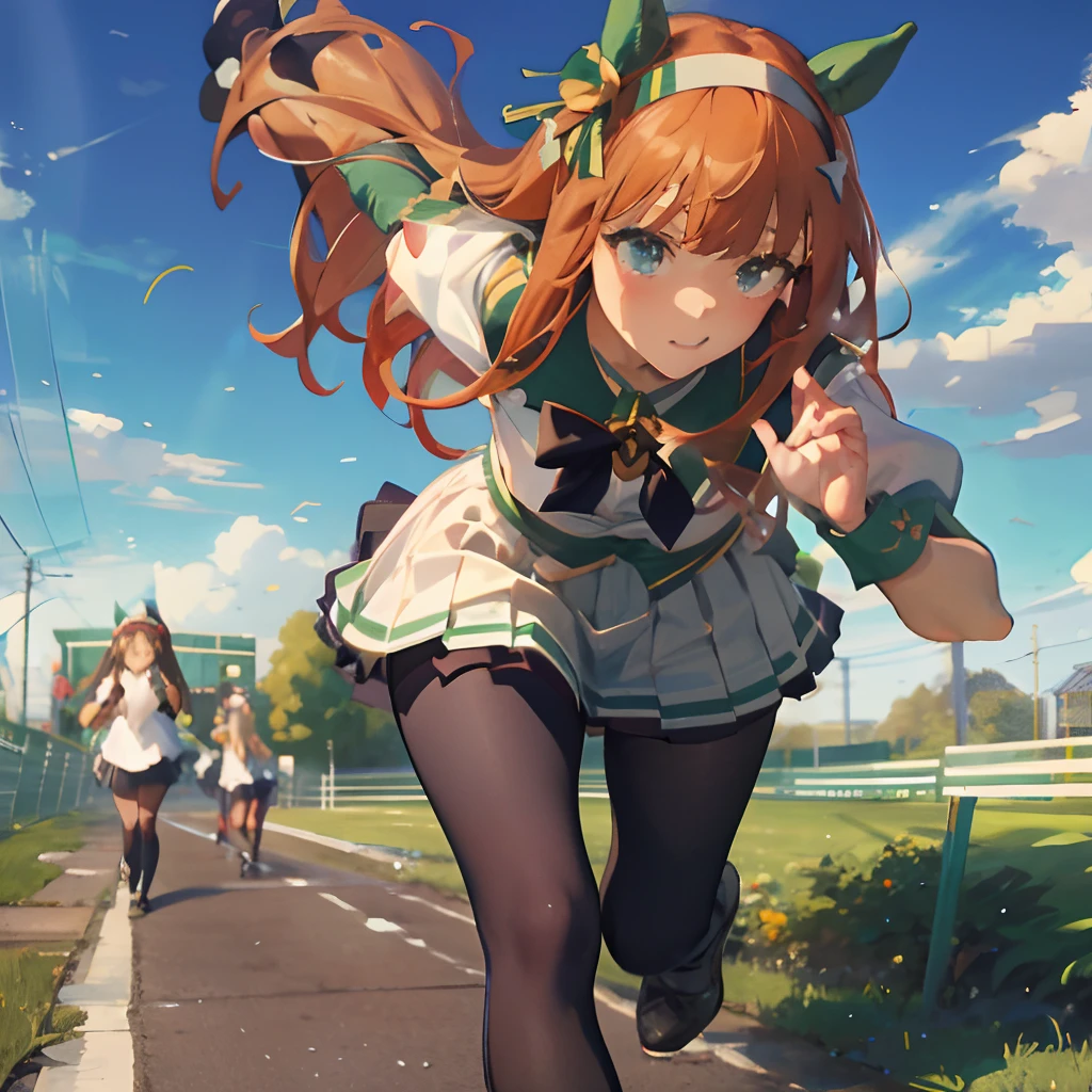 Masterpiece, Best Quality, close up, face shot,
silence suzuka \(umamusume\),, white skirt, pleated skirt, black tights, white bra with patches, black bow, running, Loose grass, heel, Butt view, full length, Srusy