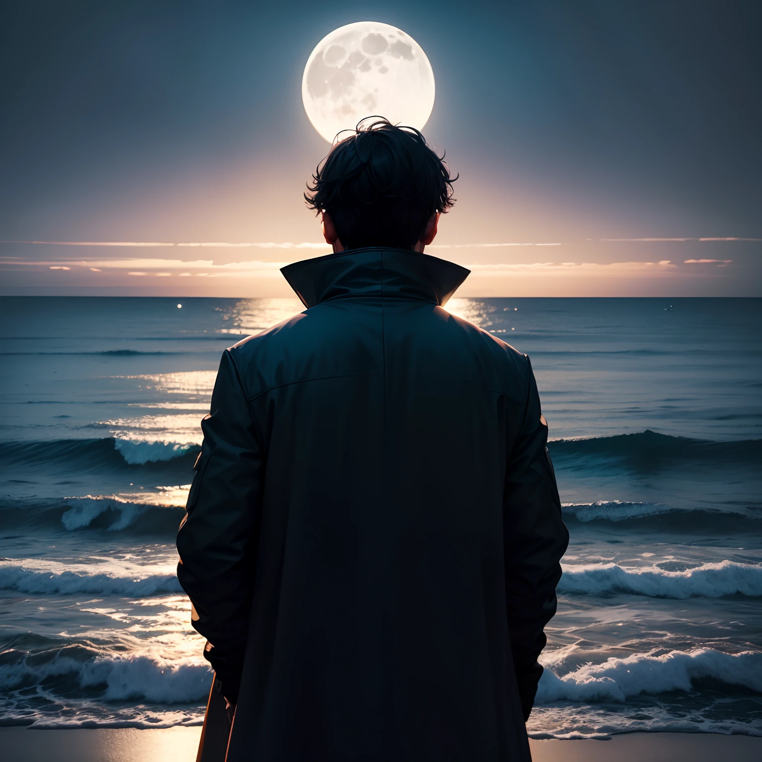 Back shadow,33yo,male people,feeling of solitude,Missing love,full moon,Seaside,Huge Moon,The man looked up at the moon,Wear a coat,The moon is far away