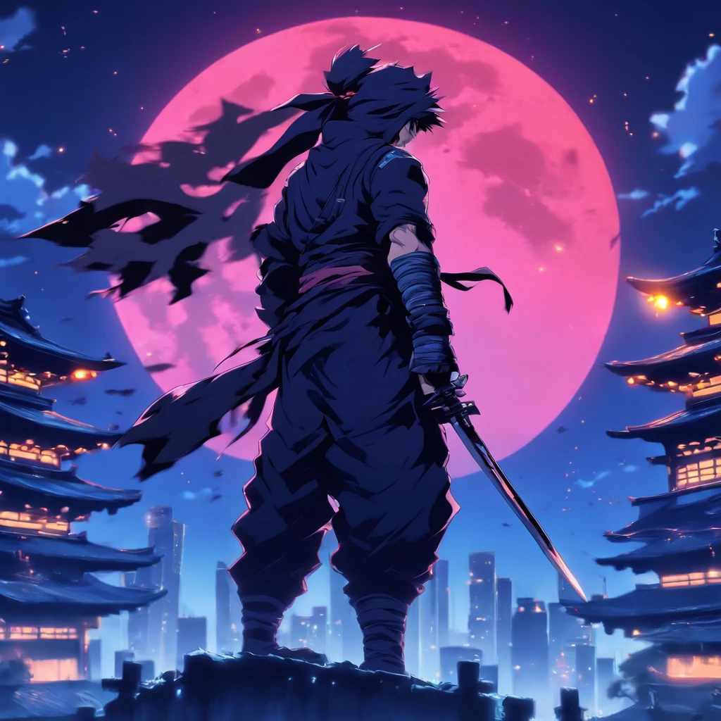 A ninja, holding a kunai, standing on top of a building,night, surroundings illuminated by the blue moon, cinematic,