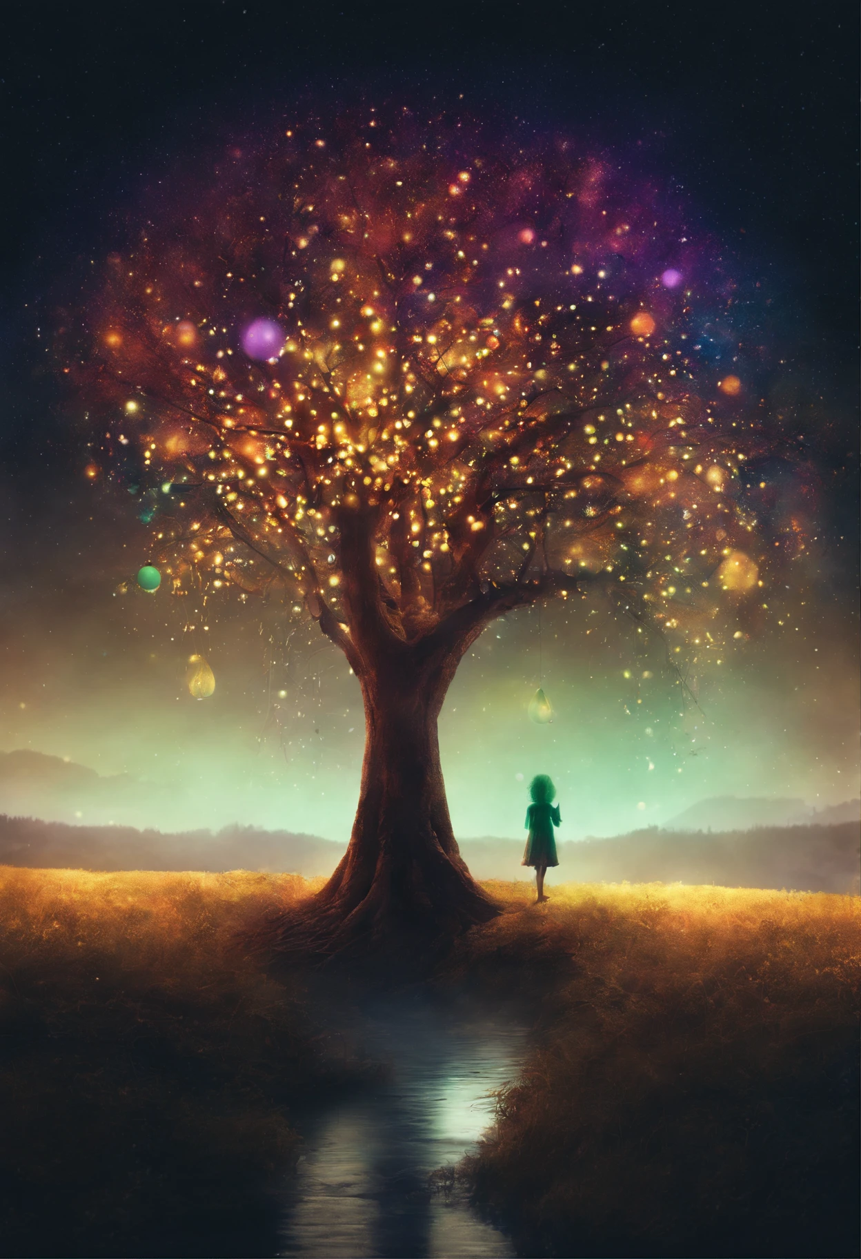 a colorful tree in the dark of night, in the style of luminous spheres, concept art, joel robison, flowing forms, uhd image, colorful watercolors, dark emerald and light amber