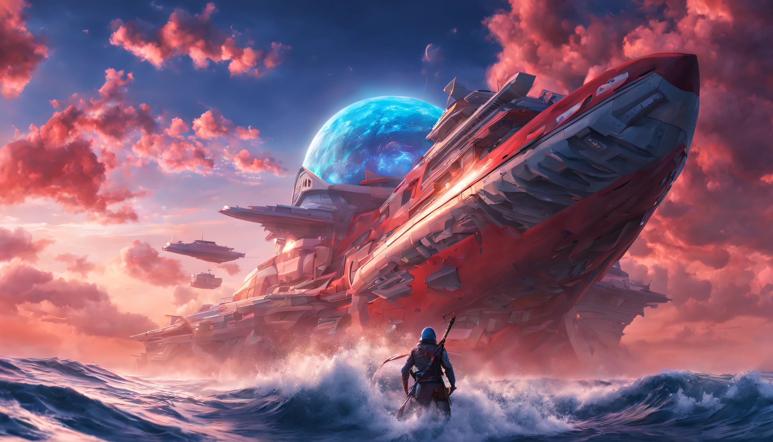 Crimson otaku, comet spur, alien manga,  Nimbus ninja, Galactic rancher, Tsunami. WAve strum, coral fret, Tidal blue flaminco. hyper realistic photography, HDR, UHD 32k. --AR 16:9