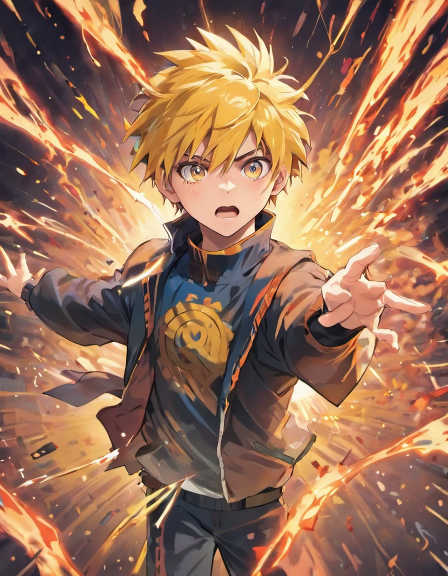 (ultra-detailed, highres, realistic:1.37),portrait,anime,Boruto,Naruto,fighting scene,energy blasts,intense expressions,dynamic poses,large-scale destruction,colorful backdrop,dusk lighting