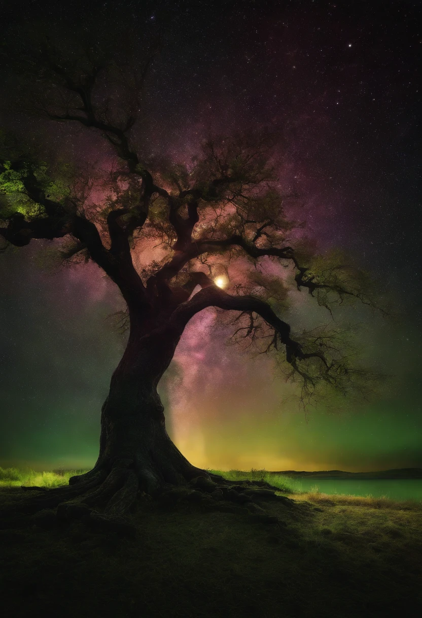 a colorful tree in the dark of night, in the style of luminous spheres, concept art, joel robison, flowing forms, uhd image, colorful watercolors, dark emerald and light amber