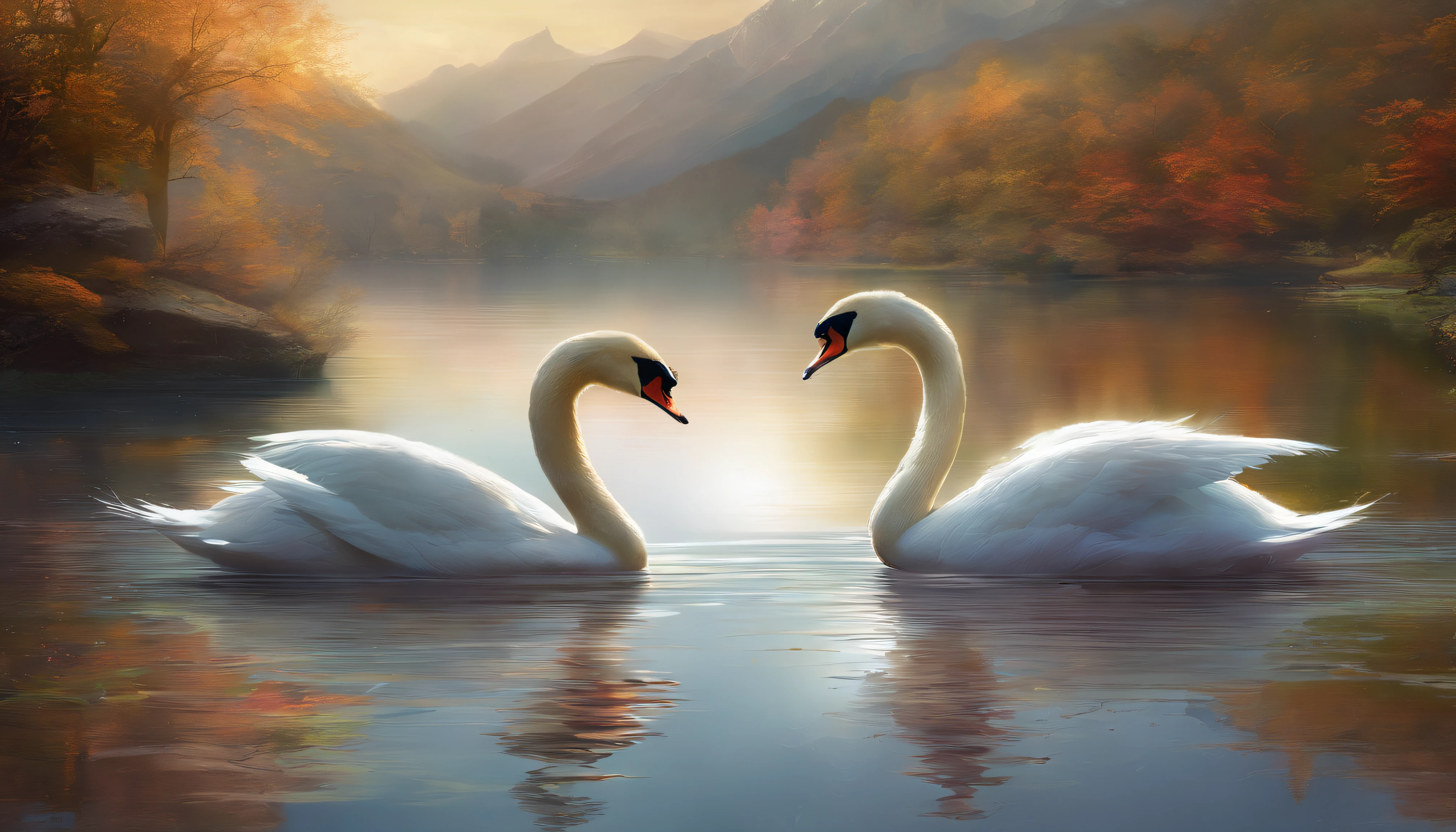 Painting of two swans in a lake with mountains in the background ...