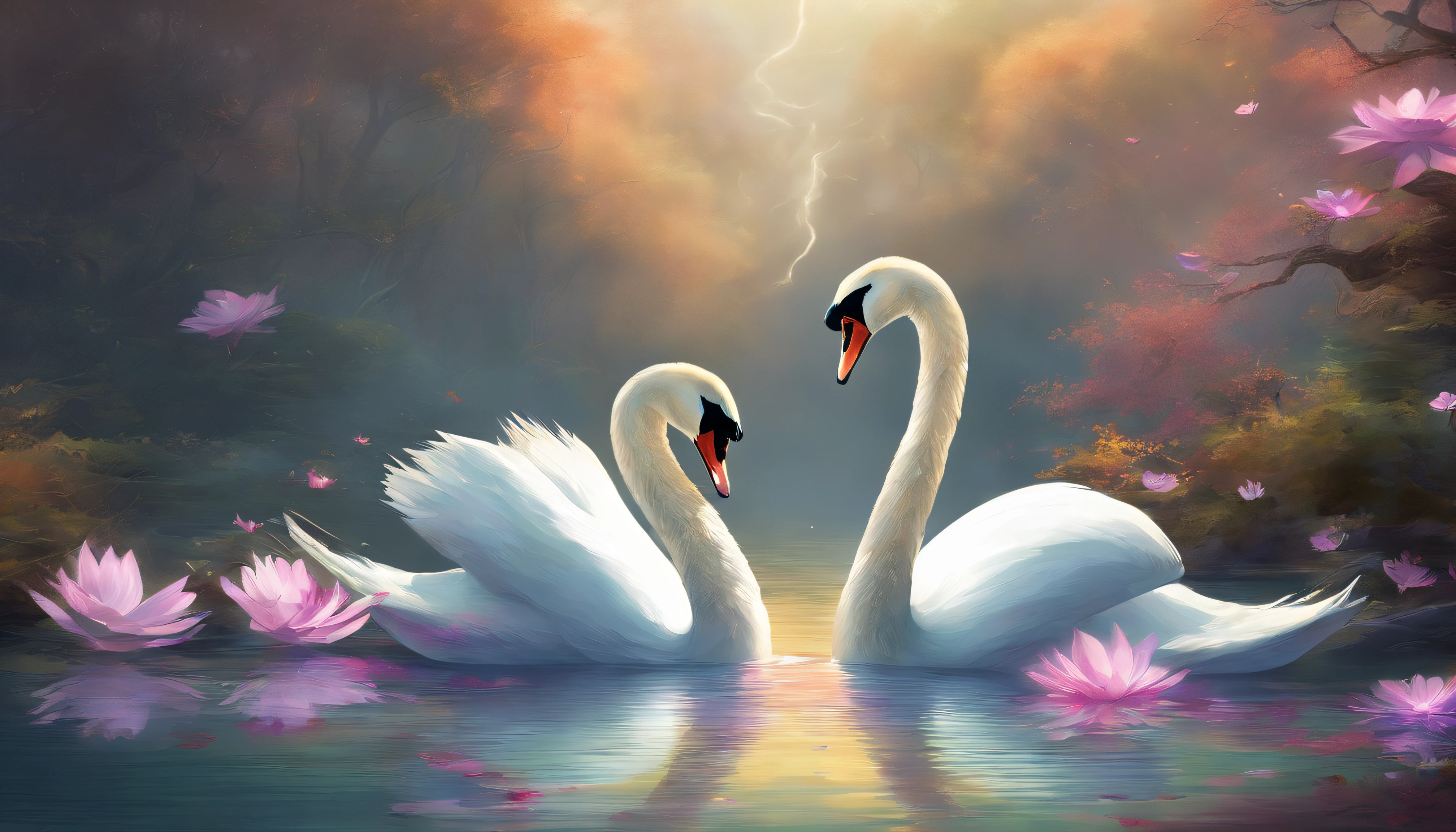 two swans making a heart shape with their necks in the water, swans, dreamy and romantic, beautiful dreamy breathtaking, two swans swimming on the lake, very beautiful photo, swan, beautiful art uhd 4 k, beautiful nature, beautiful art, beautiful wallpaper, peaceful and graceful, beautiful fantasy, extremely beautiful and ethereal, beautiful digital art, beautiful gorgeous digital art, style of Thomas Kinkade,