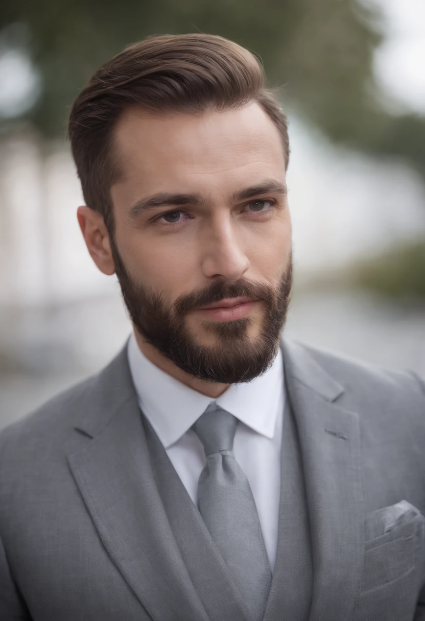 Magnifique homme en costume gris , Belle barbe , Executive Sexy Man, Terno donc, Front camera focus, Mode portrait, perfectly straight in front of the camera, symmetrical body and straight head facing the camera