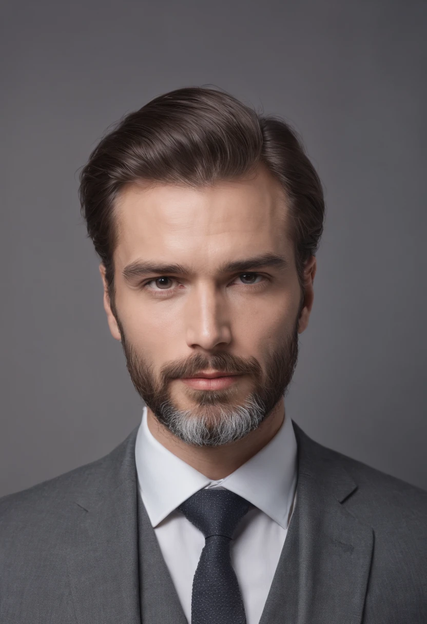 Magnifique homme en costume gris , Belle barbe , Executive Sexy Man, Terno donc, Front camera focus, Mode portrait, perfectly straight in front of the camera, symmetrical body and straight head facing the camera