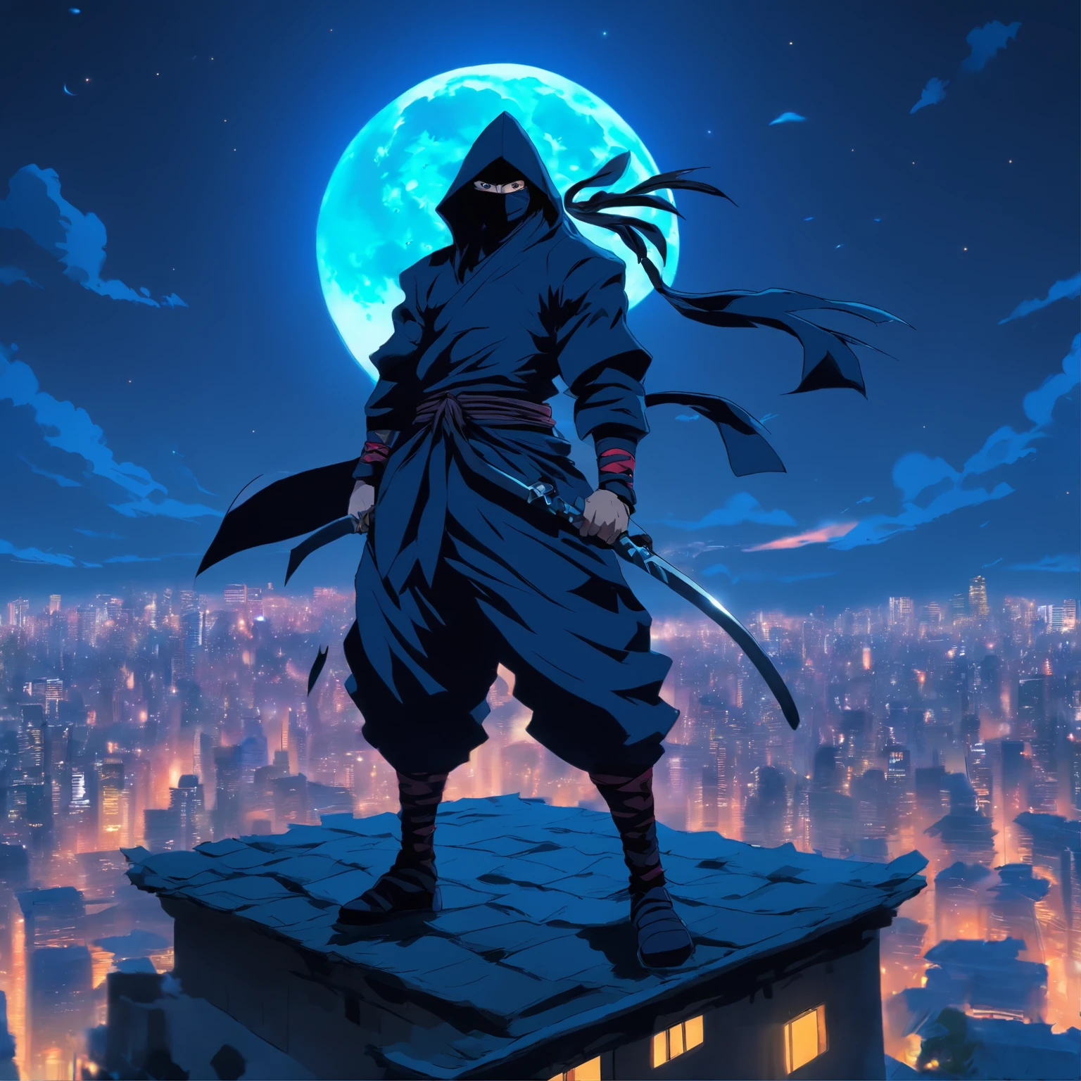 A ninja, holding a kunai, standing on top of a building,night, surroundings illuminated by the blue moon, cinematic,