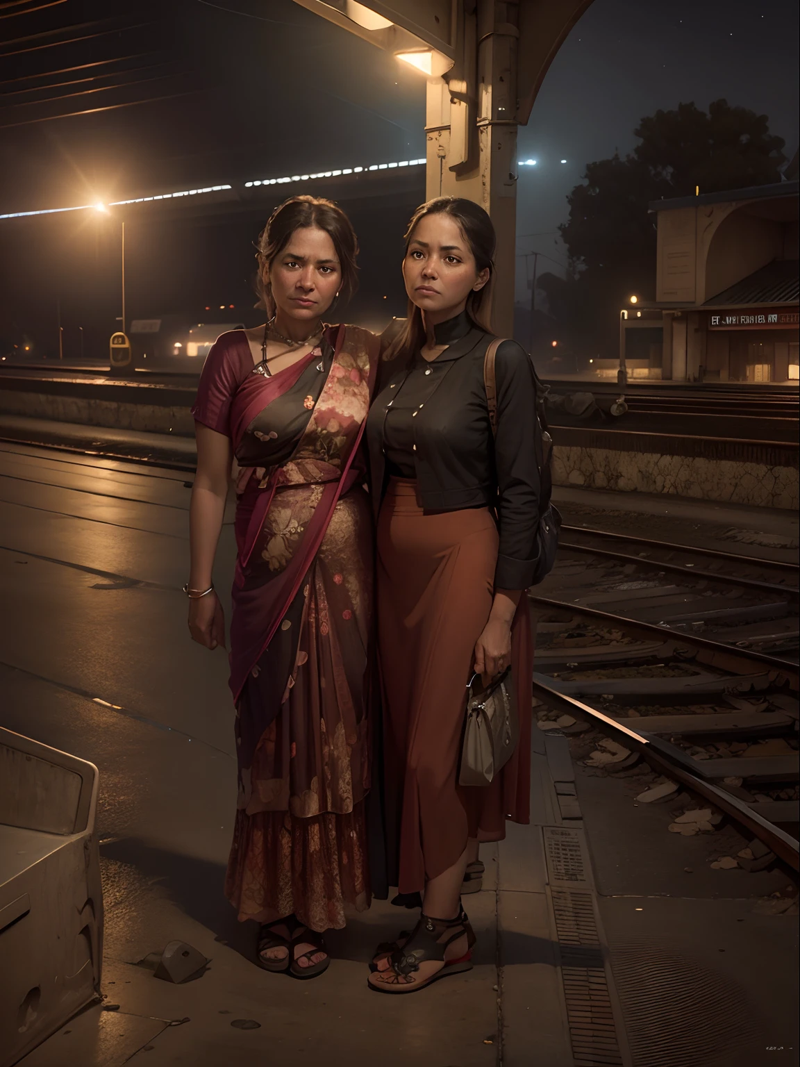 Mother and daughter, realist, railway station, back side train, real potrait, night lights, night mod station night