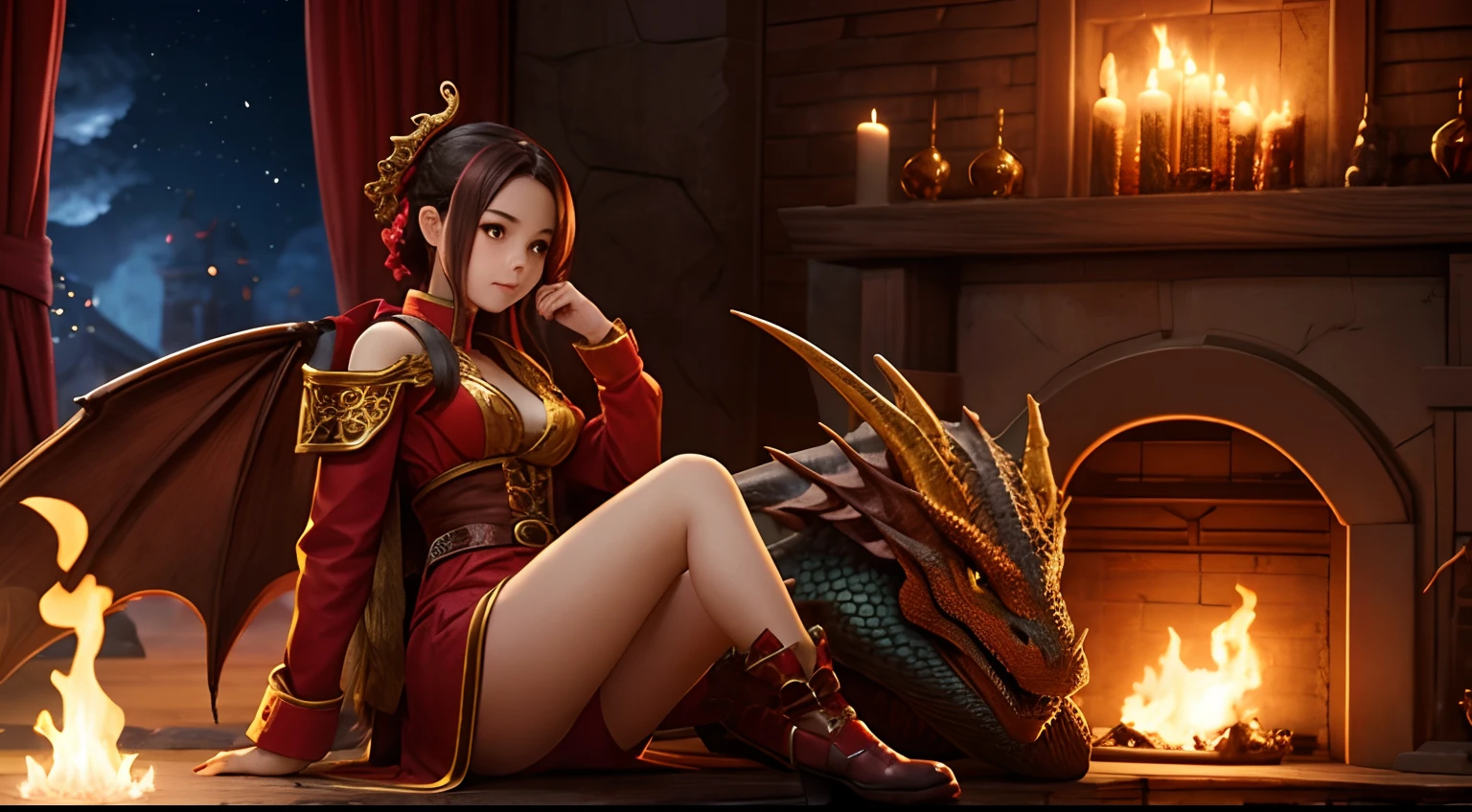 cute girl and a dragon ,fire villa scence