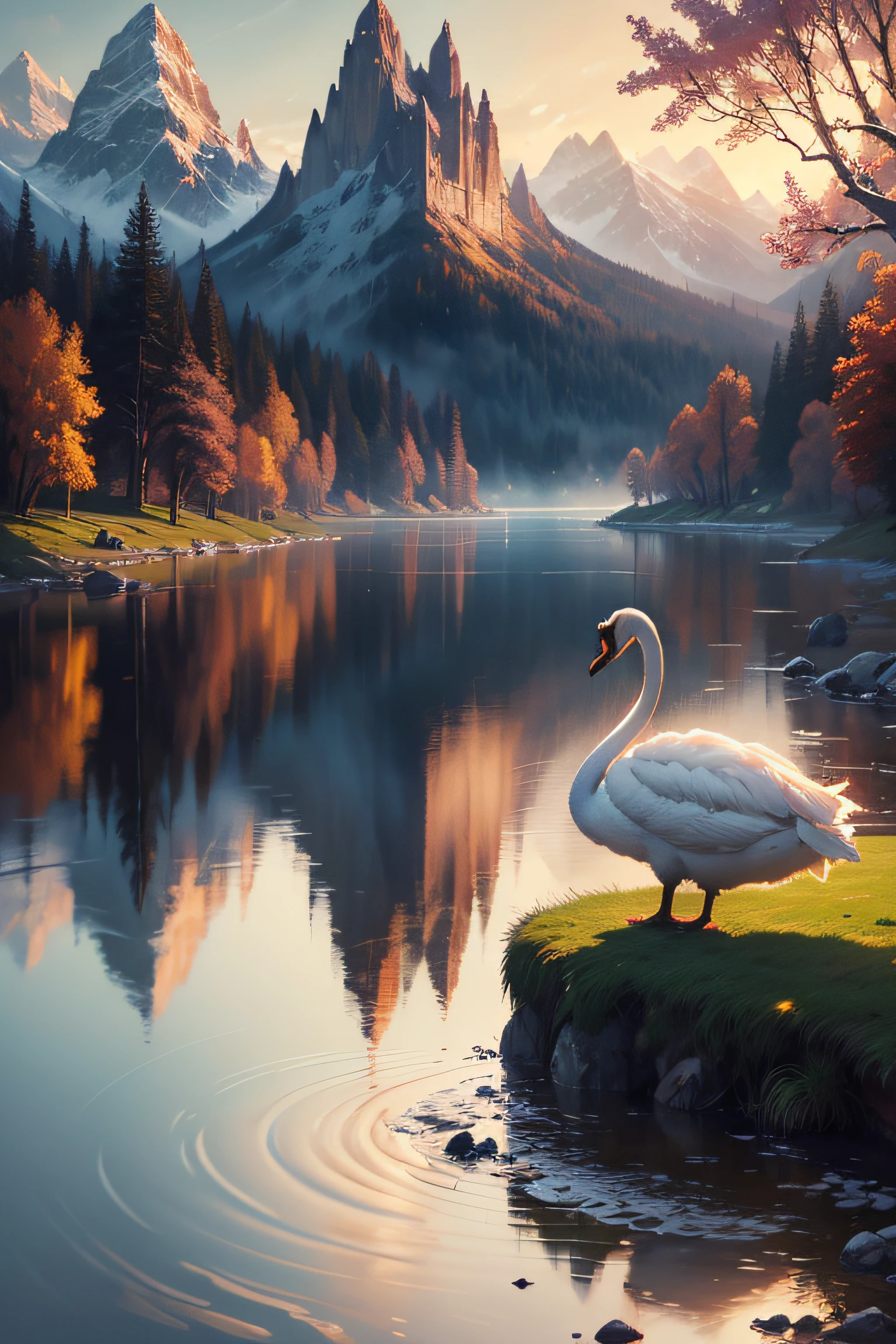 oil painting of two swans making a heart shape with their necks in the water, swans, dreamy and romantic, beautiful dreamy breathtaking, two swans swimming on the lake, very beautiful photo, swan, beautiful art uhd 4 k, beautiful nature, beautiful art, beautiful wallpaper, peaceful and graceful, beautiful fantasy, extremely beautiful and ethereal, beautiful digital art, beautiful gorgeous digital art,highly detailed oil-painting, beautiful oil matte painting, tranquil scene, style of Thomas Kinkade, breathtaking masterpiece of art, dream scenery art, thomas kinkade style painting, 8k high Res, hyper detailed, impasto.