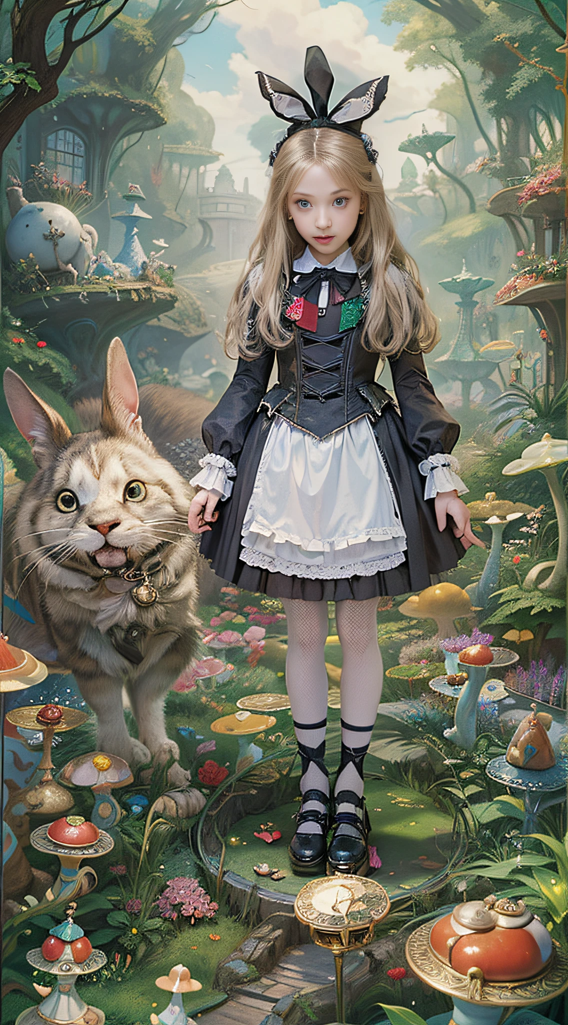 (((Masterpiece))), (((top image quality))), (((ultra-realistic depiction))), (((Alice in Wonderland in Gothic Lolita fashion))), (((diorama worldview))), Pocket watches, checkered floors, rabbits in tuxedos, kings and princesses in tramp bodies, poisonous mushrooms, magical lands.