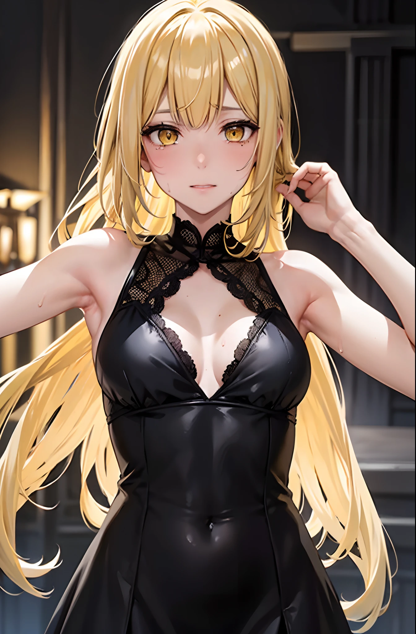 (Behind Wallenstein,Yellow hair,Long hair,Yellow eyes ),masutepiece, Best Quality, 1girl in,Frontal shot of a girl,Slender face,slender physique, Looking at Viewer, Cute, Bra, ??????????????, Yellow eyes,  Behind Wallenstein,  Yellow hair, Long hair, Beautiful detailed eyes, embarrassed:06,is crying:0.9,with arms up,Armpit, full of sweat,(Close-up on the face:1.4), robe blanche,Late night toilet background, ((mistress, Authority)),Black Dress
