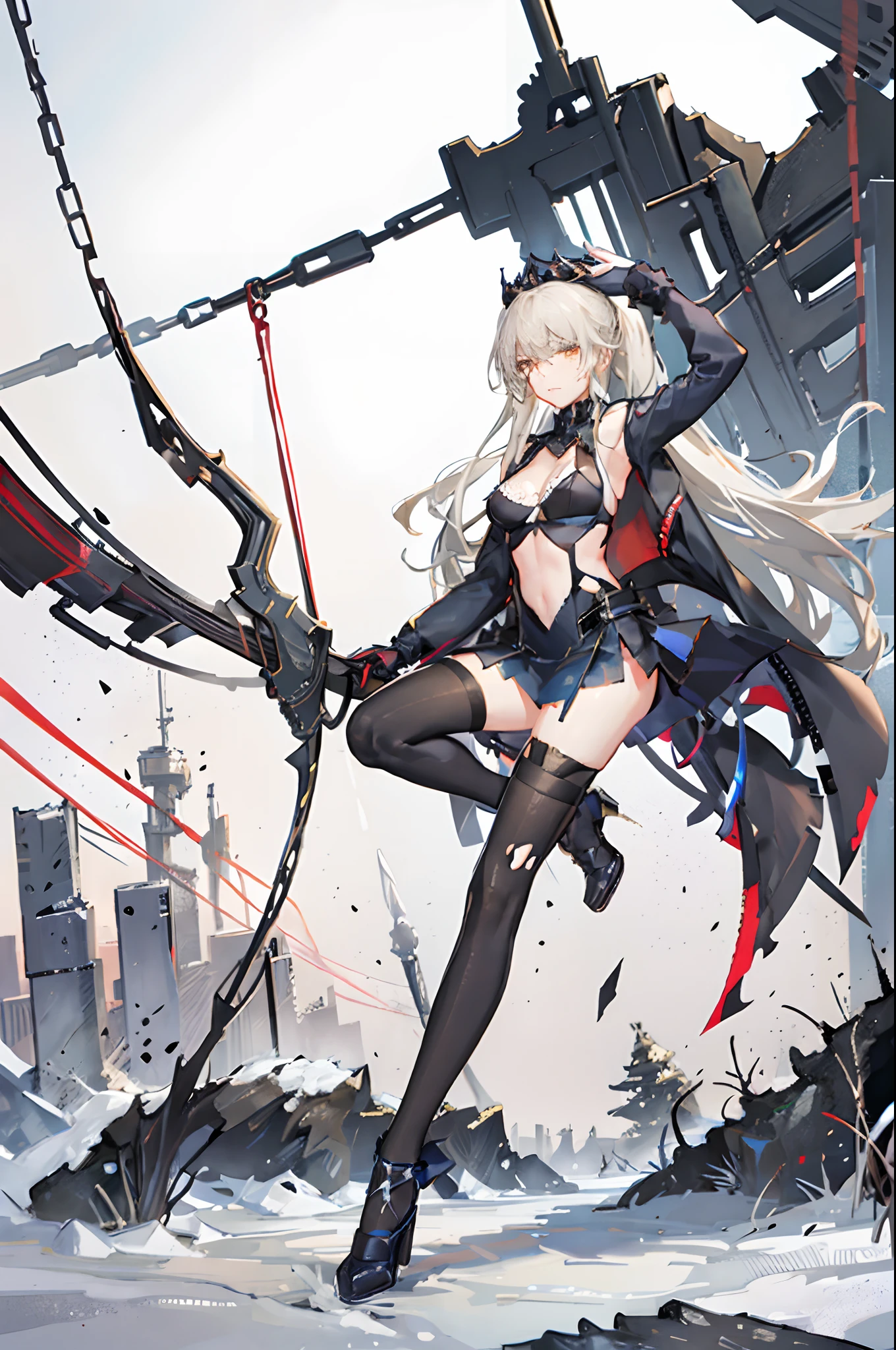 (Best quality, 8k,raytracing,1 girl, solo, Artoria_alter, threaded outfit, bra), race_queen, tattered and torn outfit, blue knee_highs, tattered and torn knee_highs, ponytail, standing, ruined buildings in background, destroyed surroundings,Rhongomyniad, dignified look, smug expression, sexy pose