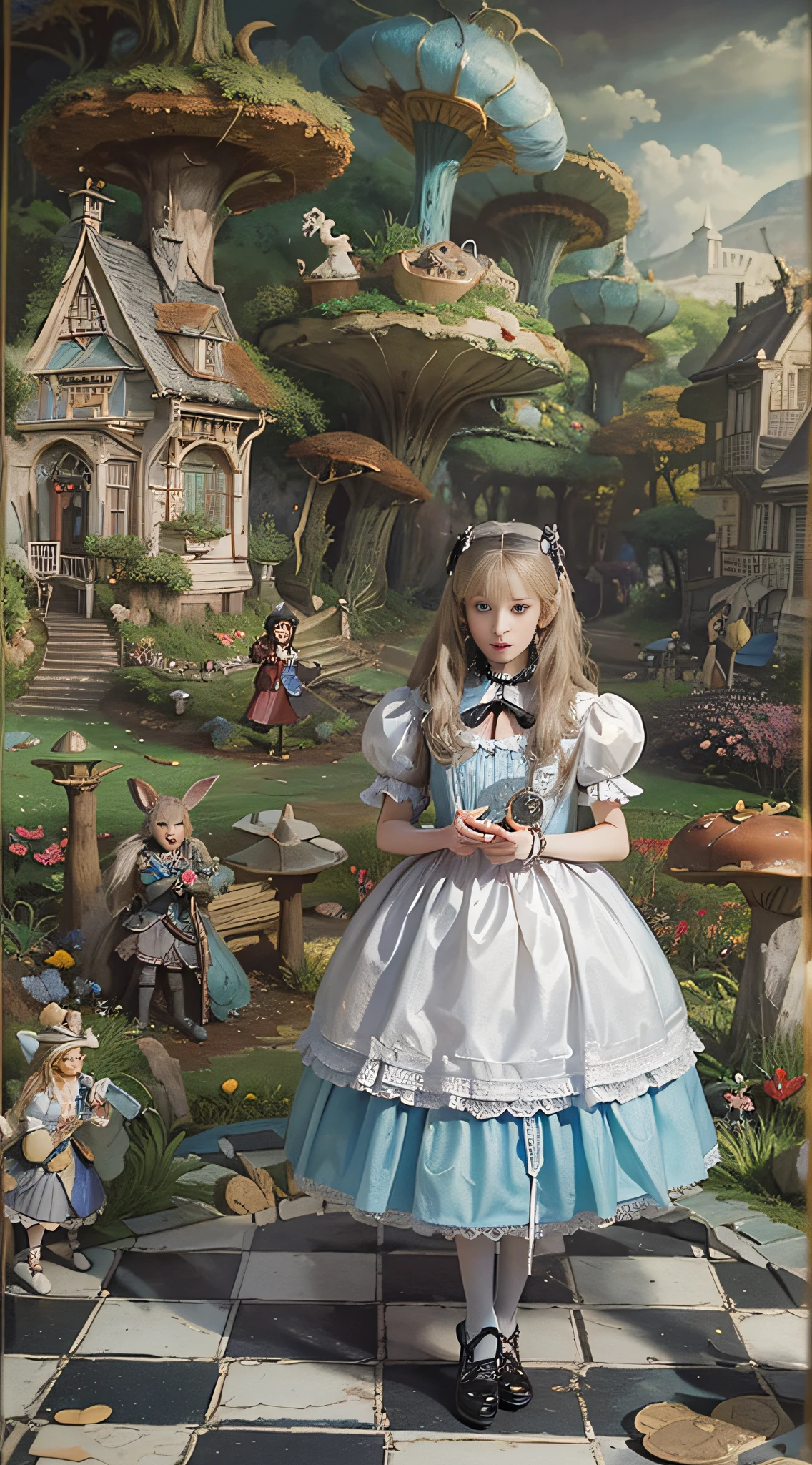 (((Masterpiece))), (((top image quality))), (((ultra-realistic depiction))), (((Alice in Wonderland in Gothic Lolita fashion))), (((diorama worldview))), Pocket watches, checkered floors, rabbits in tuxedos, kings and princesses in tramp bodies, poisonous mushrooms, magical lands.