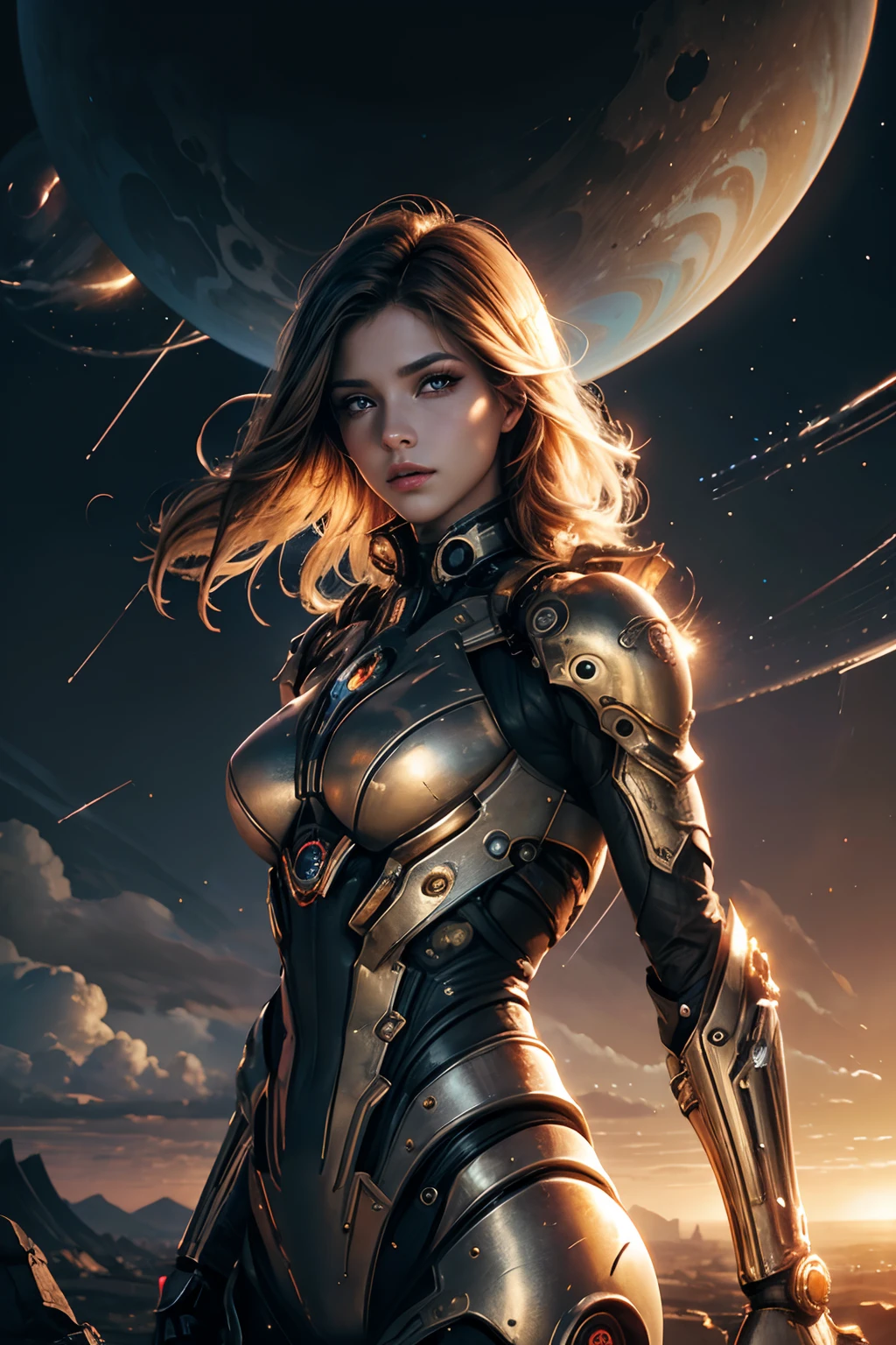 realistic visual effects,attractive beautiful,dramatic contrast,Gentle lighting,Delicate warmth,the soft light,hyper HD, Extremely colorful,best qualityer,perfect female shape,HighDynamicRange,long eyelasher,Unbeatable masterpiece,putting makeup on, Sexy goddess,Large metal mechanical gears,Strange sky,8K high quality,A pair of big eyes are beautiful and moving,White skin,Makeup,Sexy outfit,Gold medal in this round,Gold Warframe,Spaceship,Mechanical pets, 【Background with】Large gold gear,Doomsday ruins,Giant tornado,The setting sun burns the clouds,Multiple planets,The end of the world,Multiple planets,Space-time tunnel,Space battleships,Mards,,Jupiter,Lightning Thunder, Mercury,Strange sky,Giant tornado,Blue light,salama,Large flying machines,Cool car,Time Tunnel,nuclear power plant,Futuristic car,Tornado。