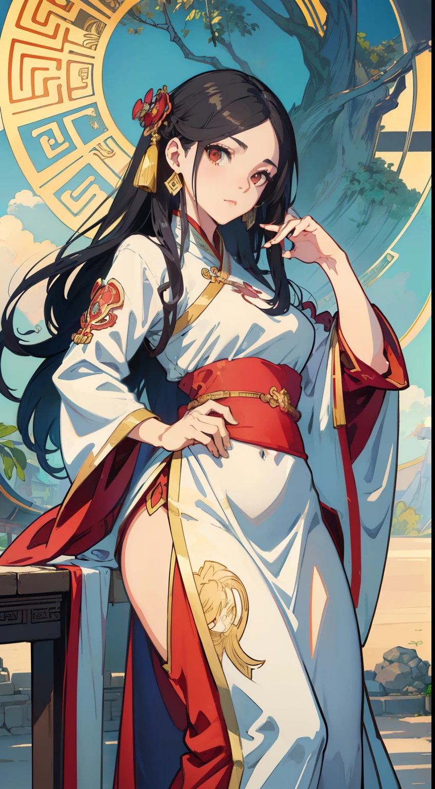 A woman wearing gorgeous clothes in ancient China, superlative, long black hair, Chinese-style headdress, intricate and detailed jewelry, blingbling jewelry, wearing Dunhuang-style clothes, like a fairy descending, full of wisdom, fresh temperament, fair skin, long black hair, flowing long hair, messy and scattered hair, afternoon sunset, edge lighting, best light and shadow, best shadow, sparkling, dreamy picture, snowy mountains in the distance, complex clothes, flying Ayara, There is a kind of scent, body fragrance, petals, surrounded by petals, outside the temple in Tibet, 1girl, ultra high definition, complex light and shadow, dancing, light makeup, big eyes, long eyelashes, slim, good-looking long legs, thin waist, will be deeply attracted by the characters in the painting, the most beautiful woman in the world, 25 years old, mysterious, bare feet, gold on the head, wearing a bracelet, seductive expression, pink blush