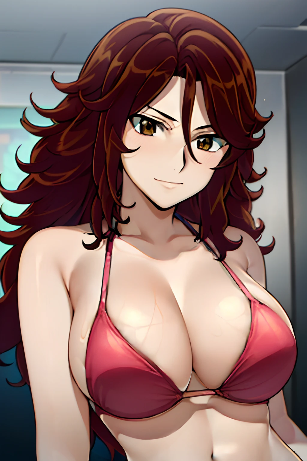 cowboy shot, detailed face, detailed body, 4k, Sumergai Lee Noriega, best quality, anime style, hires, highest definition, digital blending, bold drawing lines, ((weak body, female wrestler), (slender body), mature woman, (bikini), victorious, gorgeous, winner, confident face, smile, (closed mouth), (pale skin, shiny skin, lighting and shadow), (cleavage), (clean face), (warming up), closed fists, (curly hair, long hair), 27 years old,