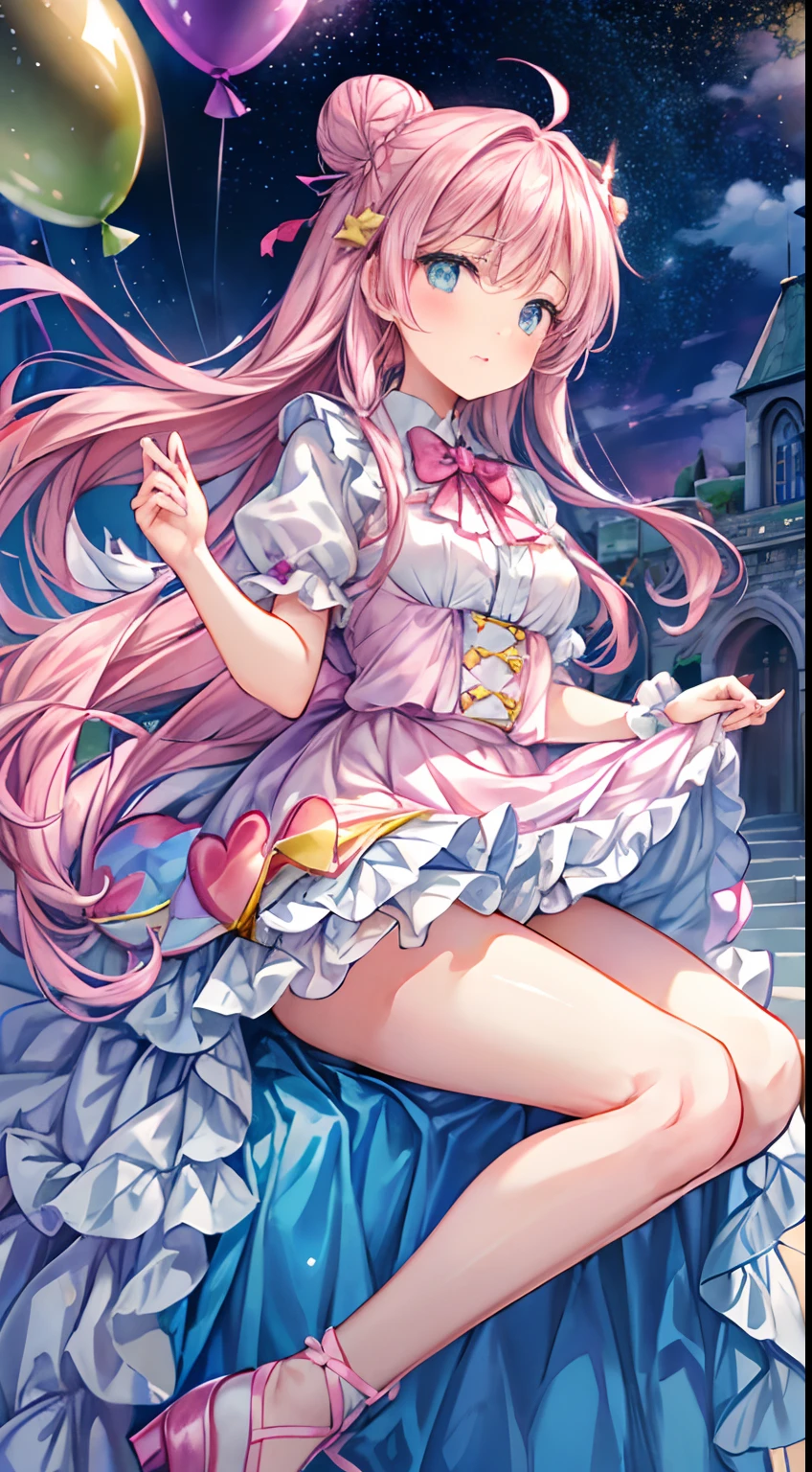 (full bodyesbian, Legs and shoes are visible: 1.2)) Expressive eyes, 1girll, Pale skin, Long hair, windblown hair, ((Absurdly long hair)), Long-sided locks, hime bangs, Hair tassels, hair-bun, ((Very long double tail)), rainbow colour hair, Light pink hair, Blushing, Full face flushed, Big sparkling lilac eyes, (Gradient eyes), open-mouth smile, Cute pose, ((holding balloons : 1.3))
((Lovely soft fashion)) ((🦄🎠🎈🎉 Theme : 1.4)) A flowing soft dress, ((Fantastic colorful open dress)), (Floating ribbons), Lavender ruffles, Pink frills, (Light blue lace), detached short sleeves, Puffy skirt, ((Rainbow and star print skirt : 1.3)), ta skirt, Purple bow, ((Pompom ribbon hair ornament : 1.4)), Multi-bow, Striped lace stockings, (Heart-shaped garter), Cute (lilac colors) shoes ((Super fine clothing and fashion)) Looking at you, Vintage girl, Blushing, (Beautiful detailed eyes), (Extremely detailed Cg Unity 8K wallpaper) (Best shadow), ((An extremely delicate and beautiful)), (Detailed light), ((Depth of field)) Big head, Big sparkling eyes, Moe, Splash Art, Cinematic lighting, Frontal view, Volumetric lighting Minimalist photo illustration 64K resolution High resolution Intricate details Complex key Vision Precise linearity
((On dreamy pastel sky background, Surrounded by sunset clouds, meteors, castle in the clouds)) ((Ultra detailed scenery, Fog clouds, Suspended by balloons, red peach : 1.3))