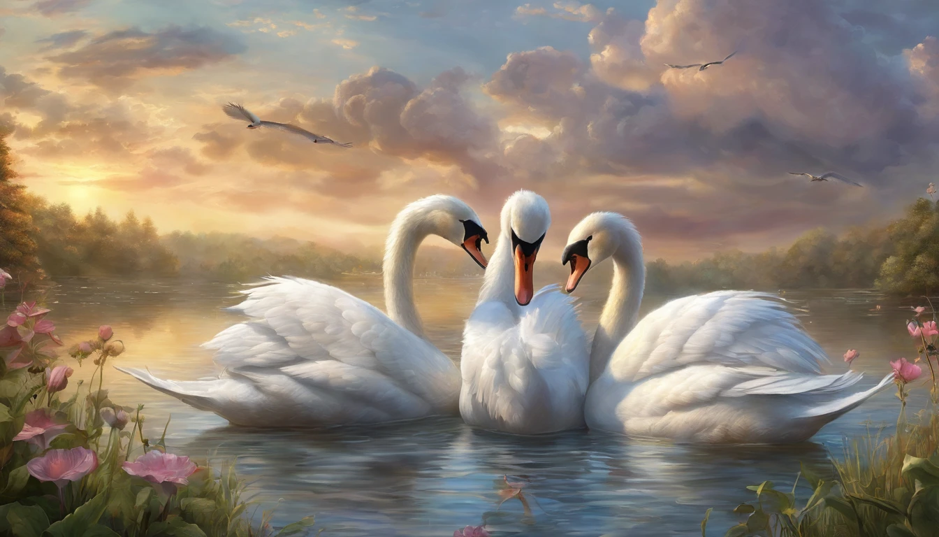 oil painting of two swans making a heart shape with their necks in the water, swans, dreamy and romantic, beautiful dreamy breathtaking, two swans swimming on the lake, very beautiful photo, swan, beautiful art uhd 4 k, beautiful nature, beautiful art, beautiful wallpaper, peaceful and graceful, beautiful fantasy, extremely beautiful and ethereal, beautiful digital art, beautiful gorgeous digital art,highly detailed oil-painting, beautiful oil matte painting, tranquil scene, style of Thomas Kinkade, breathtaking masterpiece of art, dream scenery art, thomas kinkade style painting, 8k high Res, hyper detailed, impasto.