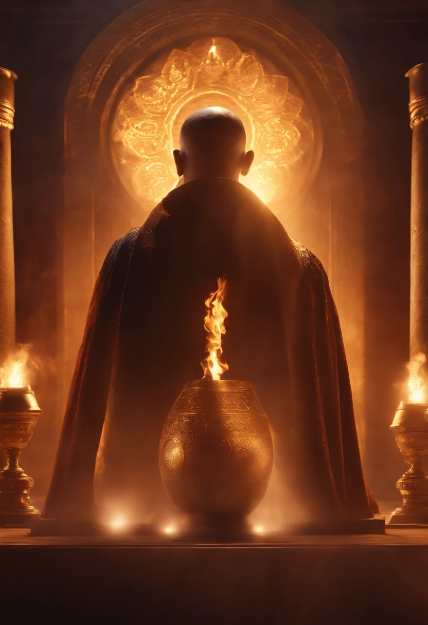 1man,godanubis in front of altar,groups of egyptian,swirl of fire,aura,magic,sparks,magic astral,illustration,ultra-detailed(best quality,4k,8k,highres,masterpiece:1.2),realistic, ancient Egyptian portraits,vivid colors,shadows and highlights,dramatic lighting
