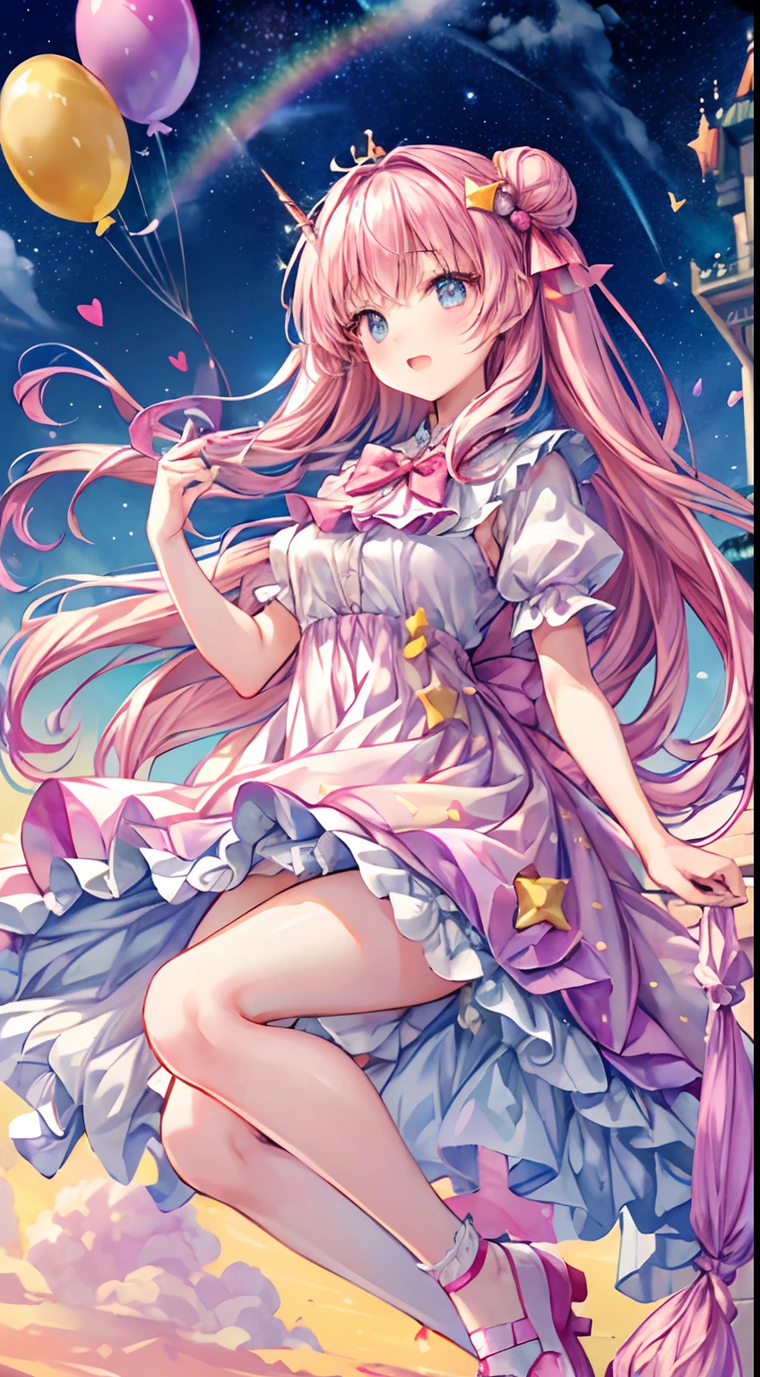 (full bodyesbian, Legs and shoes are visible: 1.2)) Expressive eyes, 1girll, Pale skin, Long hair, windblown hair, ((Absurdly long hair)), Long-sided locks, hime bangs, Hair tassels, hair-bun, ((Very long double tail)), rainbow colour hair, Light pink hair, Blushing, Full face flushed, Big sparkling lilac eyes, (Gradient eyes), open-mouth smile, Cute pose, ((holding balloons : 1.3)) 
((Lovely soft fashion)) ((🦄🎠🎈🎉 Theme : 1.4)) A flowing soft dress, ((Fantastic colorful open dress)), (Floating ribbons), Lavender ruffles, Pink frills, (Light blue lace), detached short sleeves, Puffy skirt, ((Rainbow and star print skirt : 1.3)), Lolita skirt, Purple bow, ((Pompom ribbon hair ornament : 1.4)), Multi-bow, Striped lace stockings, (Heart-shaped garter), Cute (lilac colors) shoes ((Super fine clothing and fashion)) Looking at you, Vintage girl, Blushing, (Beautiful detailed eyes), (Extremely detailed Cg Unity 8K wallpaper) (Best shadow), ((An extremely delicate and beautiful)), (Detailed light), ((Depth of field)) Big head, Big sparkling eyes, Moe, Splash Art, Cinematic lighting, Frontal view, Volumetric lighting Minimalist photo illustration 64K resolution High resolution Intricate details Complex key Vision Precise linearity 
((On dreamy pastel sky background, Surrounded by sunset clouds, meteors, castle in the clouds)) ((Ultra detailed scenery, Fog clouds, Suspended by balloons, red peach : 1.3))