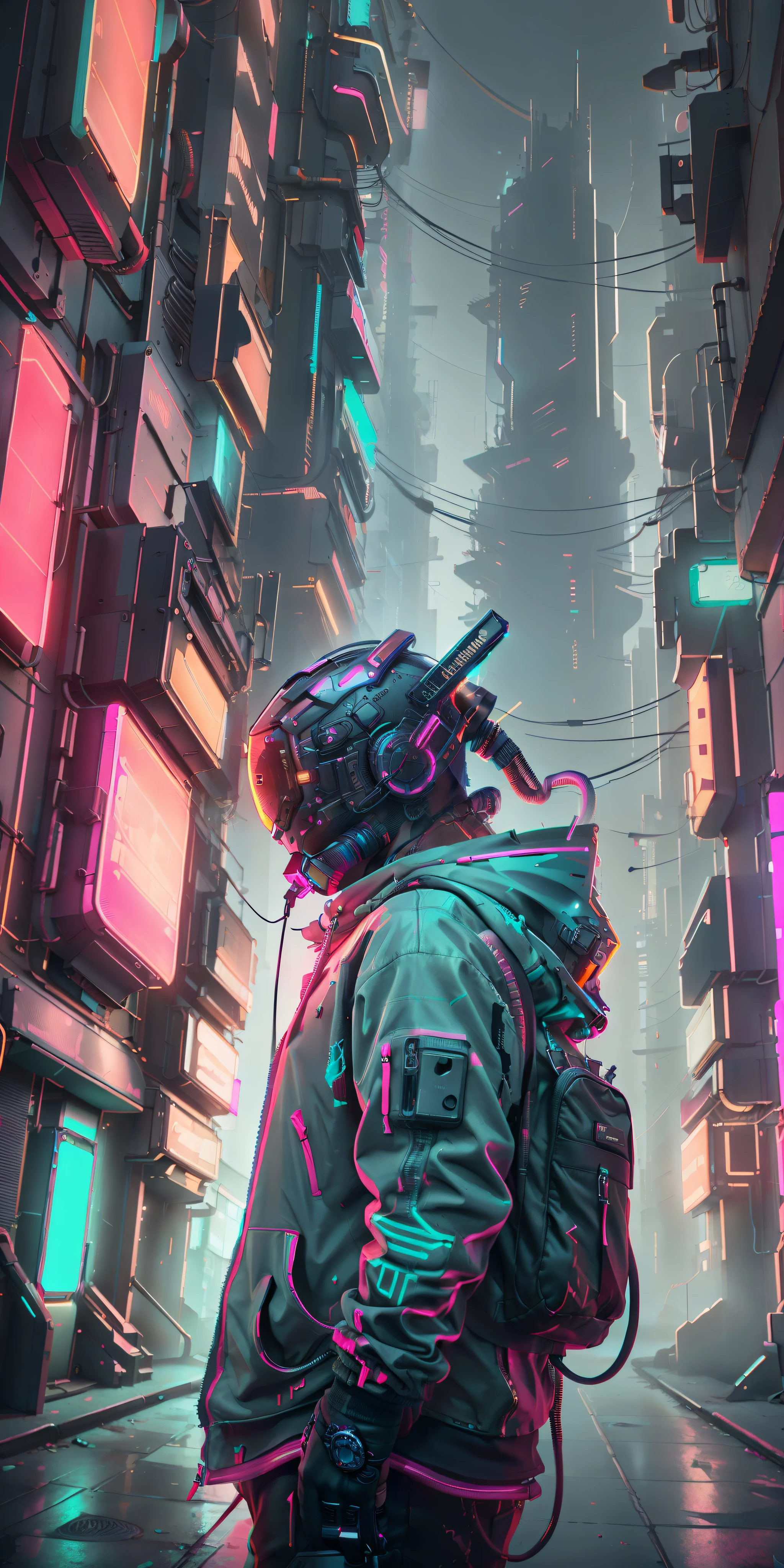 (tmasterpiece, Internal Raw Photography)Cyberpunk citizen in oversized technical attire, wearing a black helmet in the style of Astro Daftpunk, neon light details, intrikate, Futuristic, sharpness, Ramdom Pose, Cyberpunk city, neon street lights, photo: instagram, photo of the year, Octane Render, substance, Maya 3D, Cinema4D, artstation trending, Devian Art Trend,