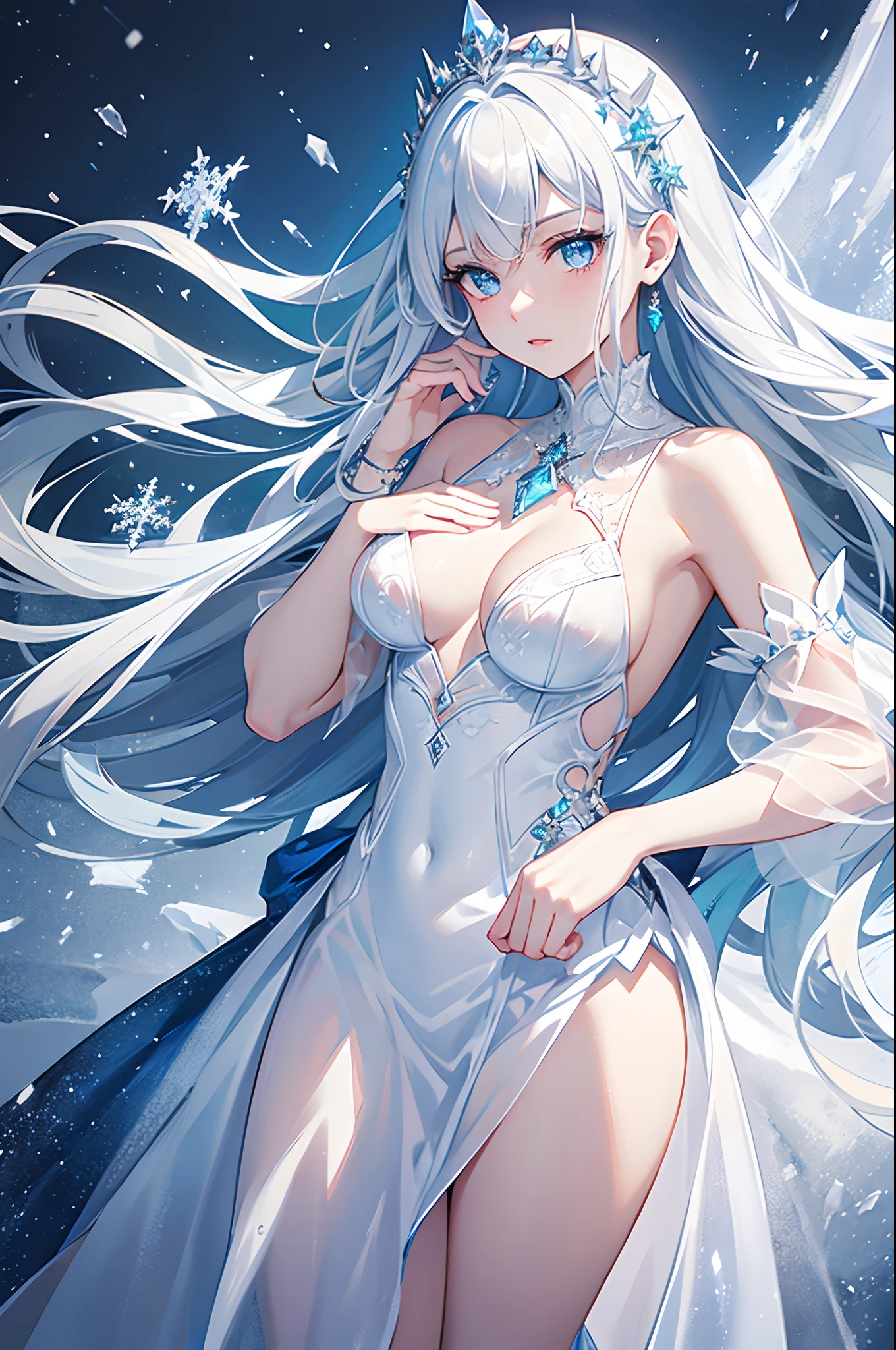 masterpiece, highlydetailed, ultra-detailed, cold, solo, (1girl), (pale skin), icyblue eyes, frosty white hair, cool Chara, flat face, young lady, lady chara, medium boobs, Arrogant, confident, cold face, goddess, cool kuudere girl, sharp eyes, (snowy background), snowflakes, (frozen flowers:0.5), (crystal crown), (sparkling ice crystals), (transparent ice dress), (snow-covered ground), (icy breath)