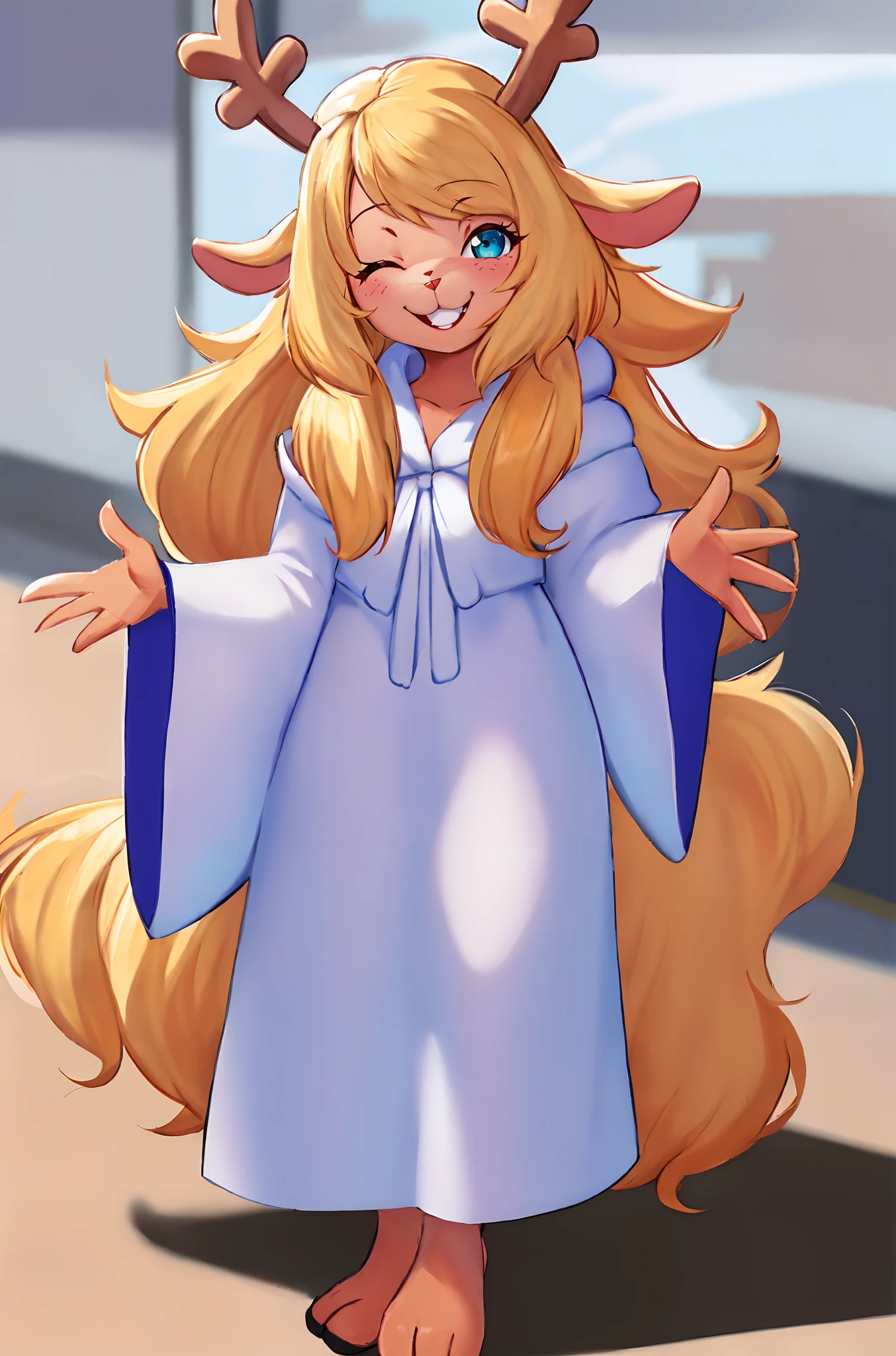 solo, cartoony, best quality, 1girl, noelleholiday, blonde hair, long hair, furry, white dress, smile, one eye closed, , upper teeth, round teeth,,standing, full body, feet