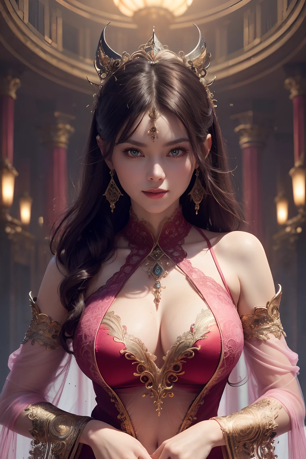 8k, masterpiece, RAW photo, best quality, photorealistic, extremely detailed CG unity 8k wallpaper, Depth of field, Cinematic Light, Lens Flare, Ray tracing, (extremely beautiful face, beautiful lips, beautiful eyes), intricate detail face, ((ultra detailed skin)) 1girl, in the dark, deep shadow, pretty Asian girl, idol,(very slim slender fit-muscled body:1.3), ((looking at viewer)),(big smile:1.3), (cityscape, blurry background), (dim lights, rooftops, veranda), pretty girl, earrings, bracelets, necklace, clear eyes, walking , front shot, (pale skin), face forward, (big eyes), ((full body shot)), ((black silk Laced)), ((see-through red color sleep gown:1.3)), (brown hairs) (looking at viewer:1.3), (laced panty), open breast, medium breasts, have a sheen , (See through, pink sleeping gown :1.3), veranda