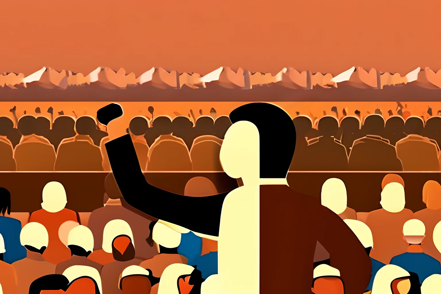 crowd cheering,listening to speech,motivated,oration,cheerful,faceless character,equal distribution of people, brown color, landscape
