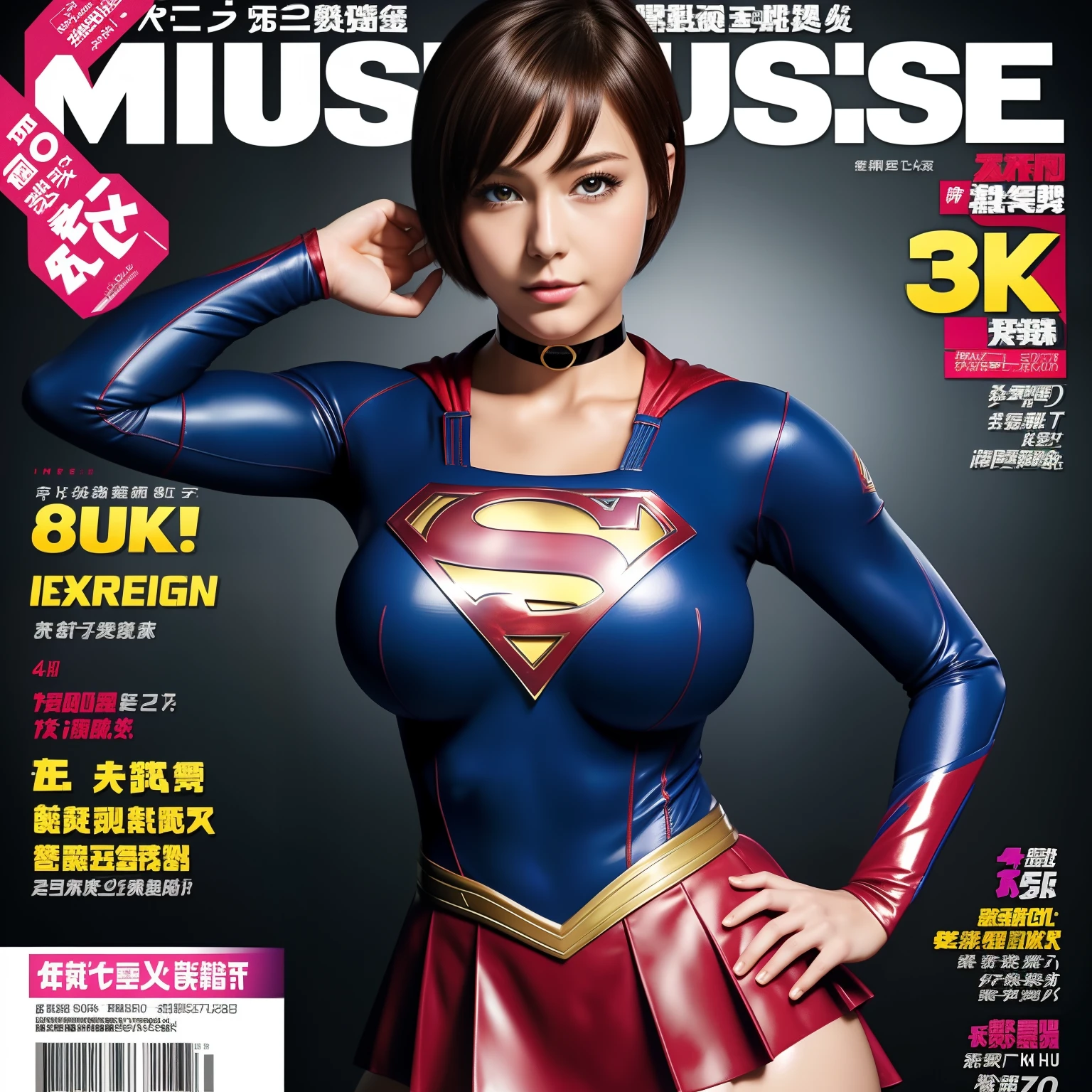 (Best Quality,4K,8K,hight resolution,masutepiece:1.2),Ultra-detailed,Realistic:1.37,Super masterpiece,Short-haired Supergirl、large full breasts、Looking at the camera、Glossy costume、a choker、Too short miniskirt、Weekly magazine cover、Powerful Pose、