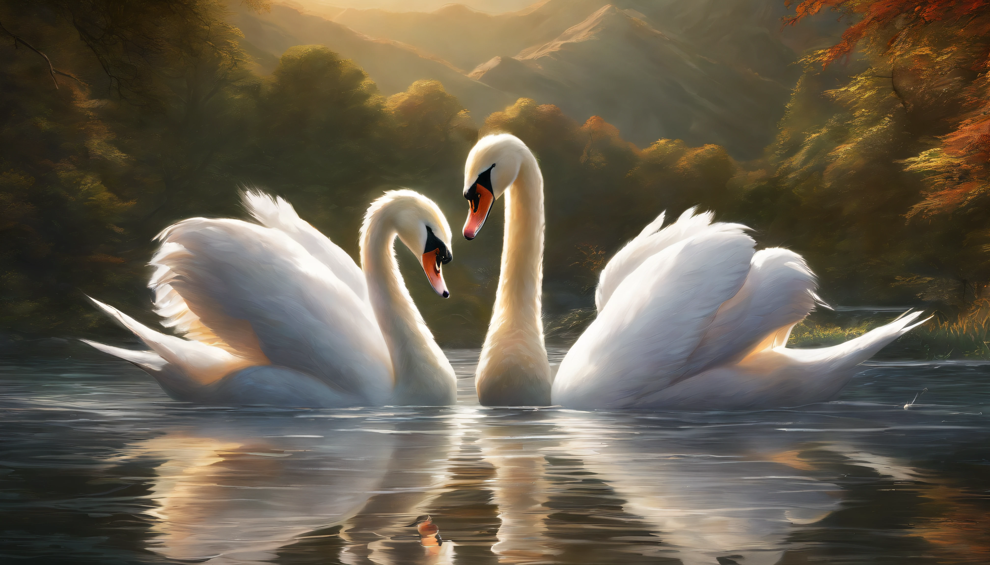 oil painting of two swans making a heart shape with their necks in the water, swans, dreamy and romantic, beautiful dreamy breathtaking, two swans swimming on the lake, very beautiful photo, swan, beautiful art uhd 4 k, beautiful nature, beautiful art, beautiful wallpaper, peaceful and graceful, beautiful fantasy, extremely beautiful and ethereal, beautiful digital art, beautiful gorgeous digital art,highly detailed oil-painting, beautiful oil matte painting, tranquil scene, style of Thomas Kinkade, breathtaking masterpiece of art, dream scenery art, thomas kinkade style painting, 8k high Res, hyper detailed, impasto.