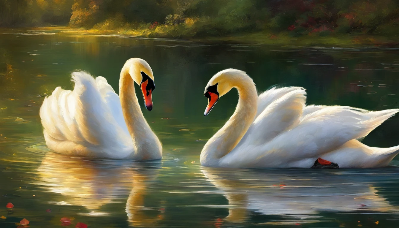 oil painting of two swans making a heart shape with their necks in the water, swans, dreamy and romantic, beautiful dreamy breathtaking, two swans swimming on the lake, very beautiful photo, swan, beautiful art uhd 4 k, beautiful nature, beautiful art, beautiful wallpaper, peaceful and graceful, beautiful fantasy, extremely beautiful and ethereal, beautiful digital art, beautiful gorgeous digital art,highly detailed oil-painting, beautiful oil matte painting, tranquil scene, style of Thomas Kinkade, breathtaking masterpiece of art, dream scenery art, thomas kinkade style painting, 8k high Res, hyper detailed, impasto.