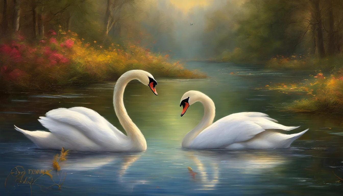 oil painting of two swans making a heart shape with their necks in the water, swans, dreamy and romantic, beautiful dreamy breathtaking, two swans swimming on the lake, very beautiful photo, swan, beautiful art uhd 4 k, beautiful nature, beautiful art, beautiful wallpaper, peaceful and graceful, beautiful fantasy, extremely beautiful and ethereal, beautiful digital art, beautiful gorgeous digital art,highly detailed oil-painting, beautiful oil matte painting, tranquil scene, style of Thomas Kinkade, breathtaking masterpiece of art, dream scenery art, thomas kinkade style painting, 8k high Res, hyper detailed, impasto.