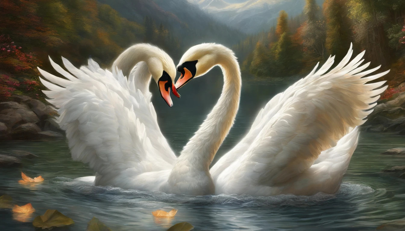 oil painting of two swans making a heart shape with their necks in the water, swans, dreamy and romantic, beautiful dreamy breathtaking, two swans swimming on the lake, very beautiful photo, swan, beautiful art uhd 4 k, beautiful nature, beautiful art, beautiful wallpaper, peaceful and graceful, beautiful fantasy, extremely beautiful and ethereal, beautiful digital art, beautiful gorgeous digital art,highly detailed oil-painting, beautiful oil matte painting, tranquil scene, style of Thomas Kinkade, breathtaking masterpiece of art, dream scenery art, thomas kinkade style painting, 8k high Res, hyper detailed, impasto.