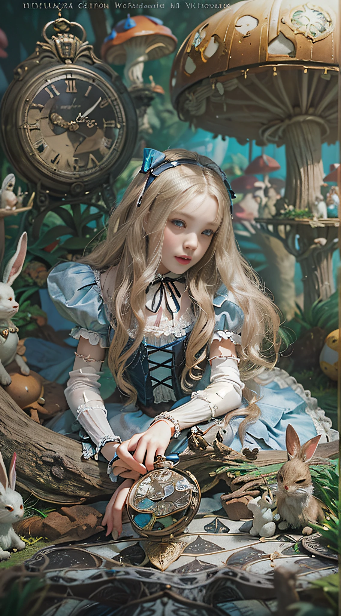 (((Masterpiece))), (((top image quality))), (((ultra-realistic depiction))), (((Alice in Wonderland in Gothic Lolita fashion))), (((diorama worldview))), Pocket watches, checkered floors, rabbits in tuxedos, kings and princesses in tramp bodies, poisonous mushrooms, magical lands.