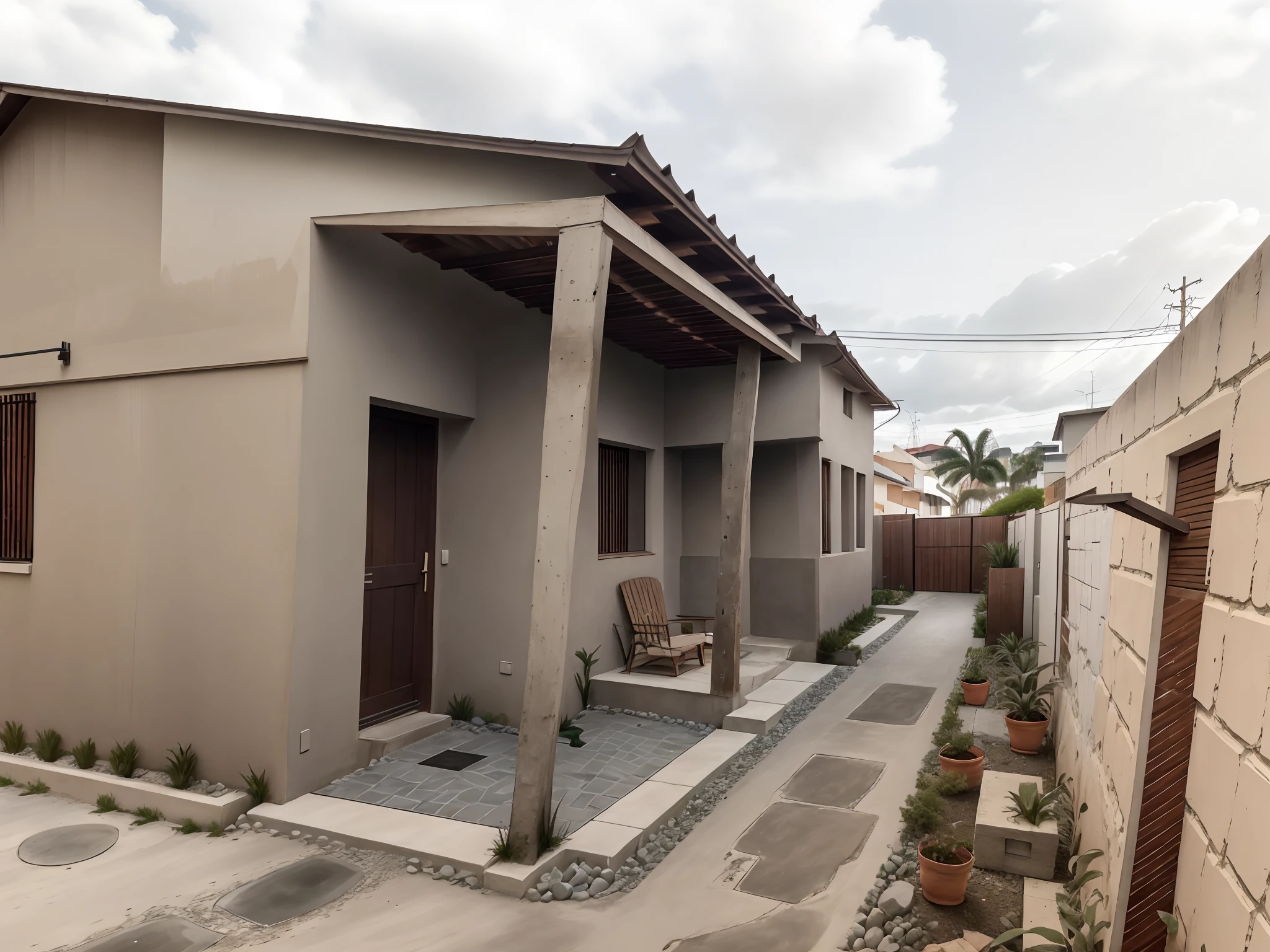 Enhance this photo of the house in a way that gives it a more vibrant look. Adicione portas e janelas de vidro para aumentar a luminosidade e pinte a fachada da casa de branco para dar-lhe um visual mais fresco e moderno. Ademais, adicione jardins ao redor da casa para tornar o ambiente mais acolhedor e verde."