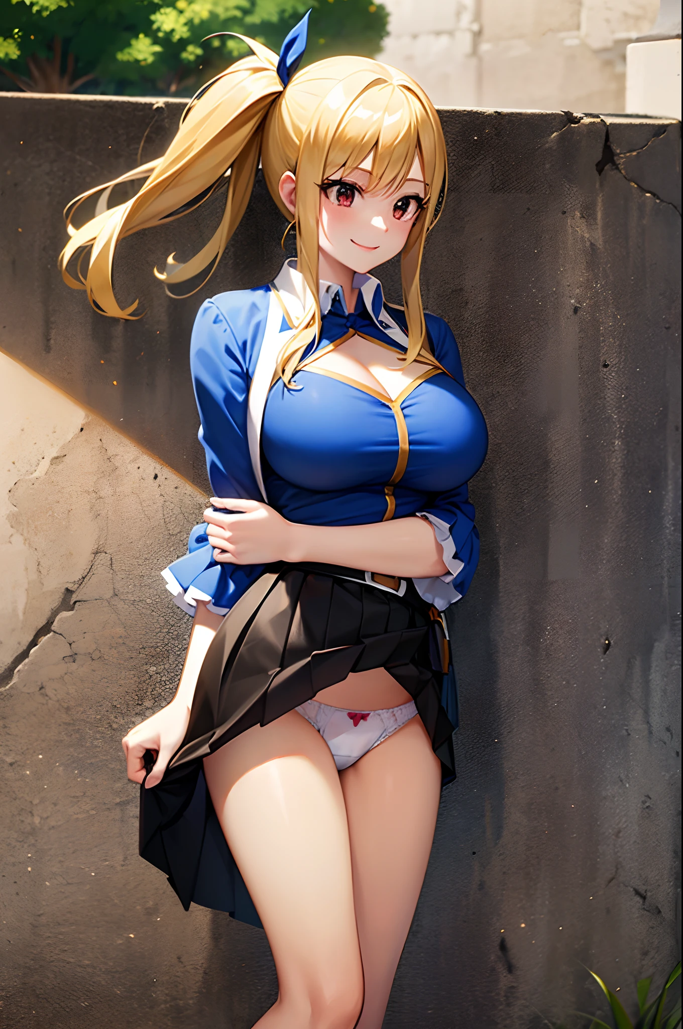Master masterpiece, top-quality, High Definition, lucy heartfilia、a blond、Twin-tailed、Colossal tits、(Black Knee High:1.3)、Removable sleeves、hason、cropped vest、Strapless、a belt、a black skirt, Smiling face, shiny oily skin with high contrast,Solo、plein air、is standing、cowboy shot, (Perfect hands, Perfect Anatomy),(Skirt lift:1.3), (white panties:1.3)、(Skirt that rolls up:1.3)、(Fully exposed panties:1.5)、